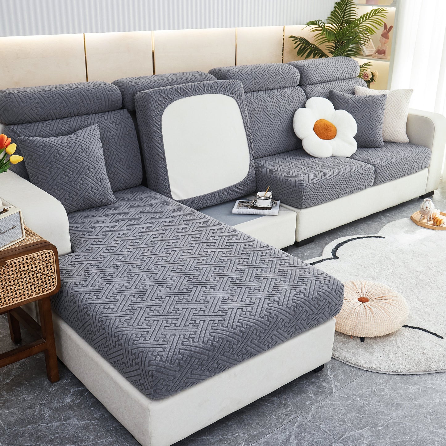 Polar Fleece Couch Cushion Covers, Stretch Sofa Seat Cushion Covers, Elastic Furniture Protector for Pets, Kid on grey sofa