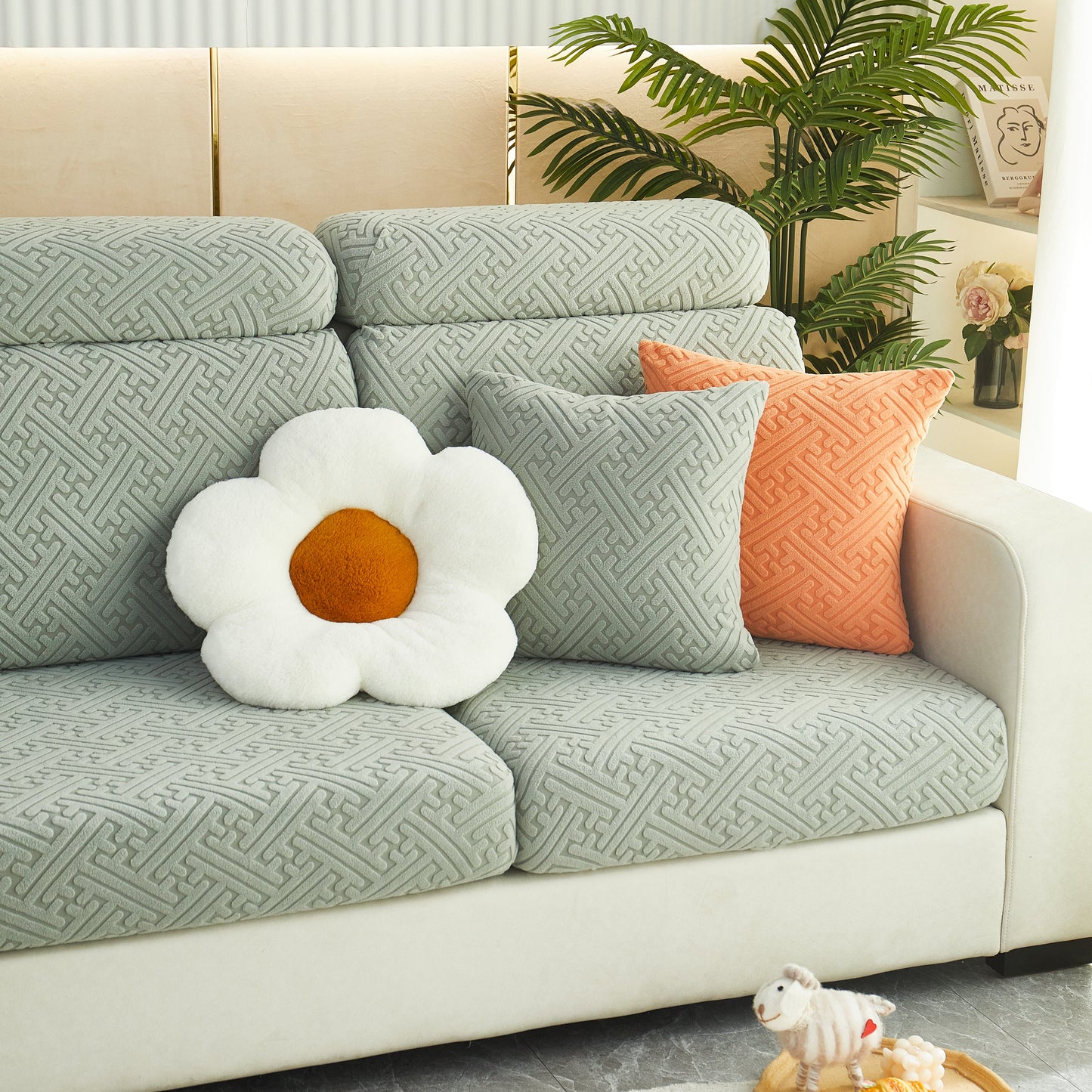 Polar Fleece Couch Cushion Covers, Stretch Sofa Seat Cushion Covers, Elastic Furniture Protector for Pets, Kid on a stylish couch