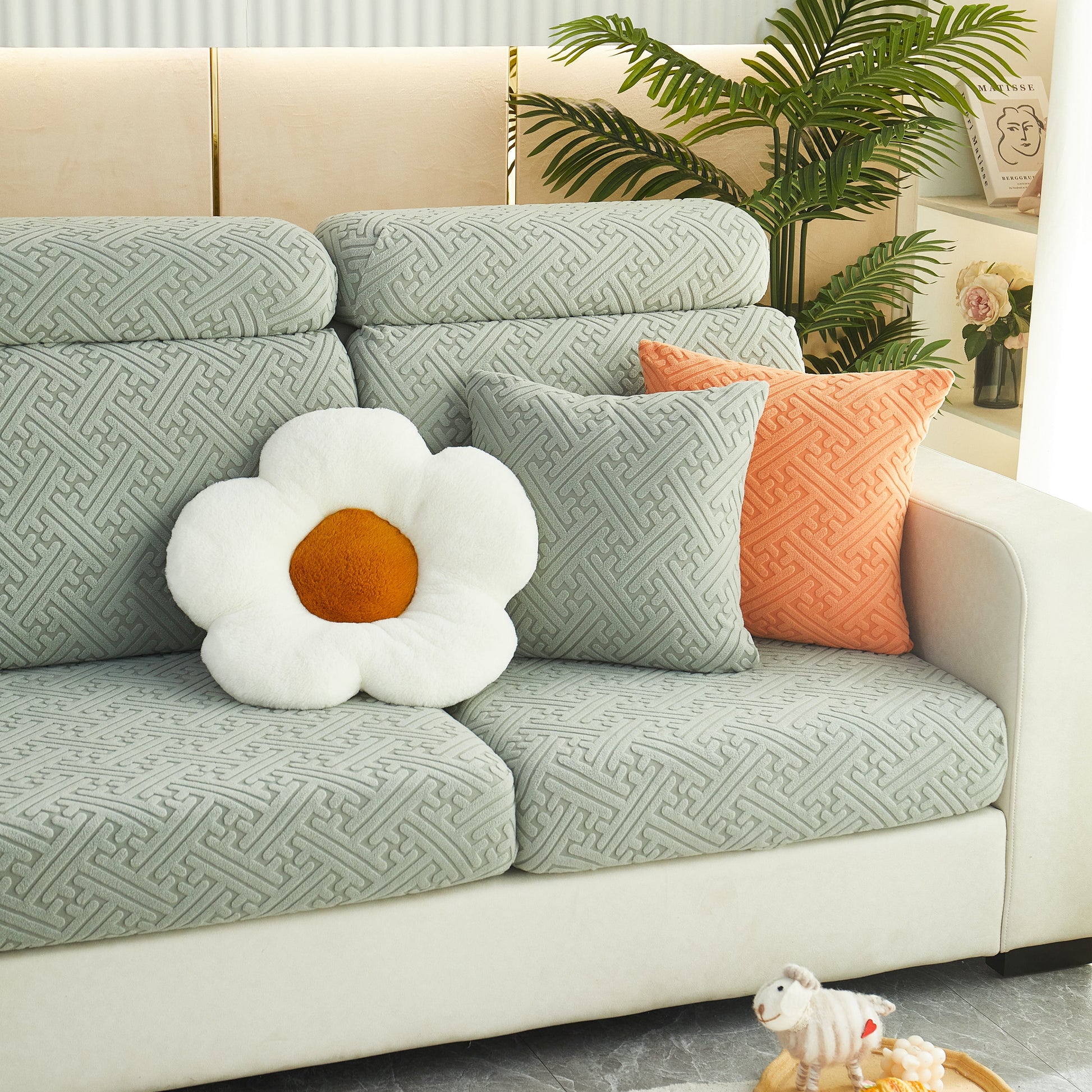Polar Fleece Couch Cushion Covers, Stretch Sofa Seat Cushion Covers, Elastic Furniture Protector for Pets, Kid on a stylish couch