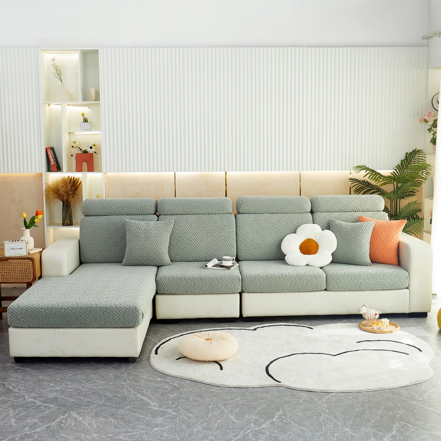 Polar Fleece Couch Cushion Covers, Stretch Sofa Seat Cushion Covers, Elastic Furniture Protector for Pets, Kid on modern sofa