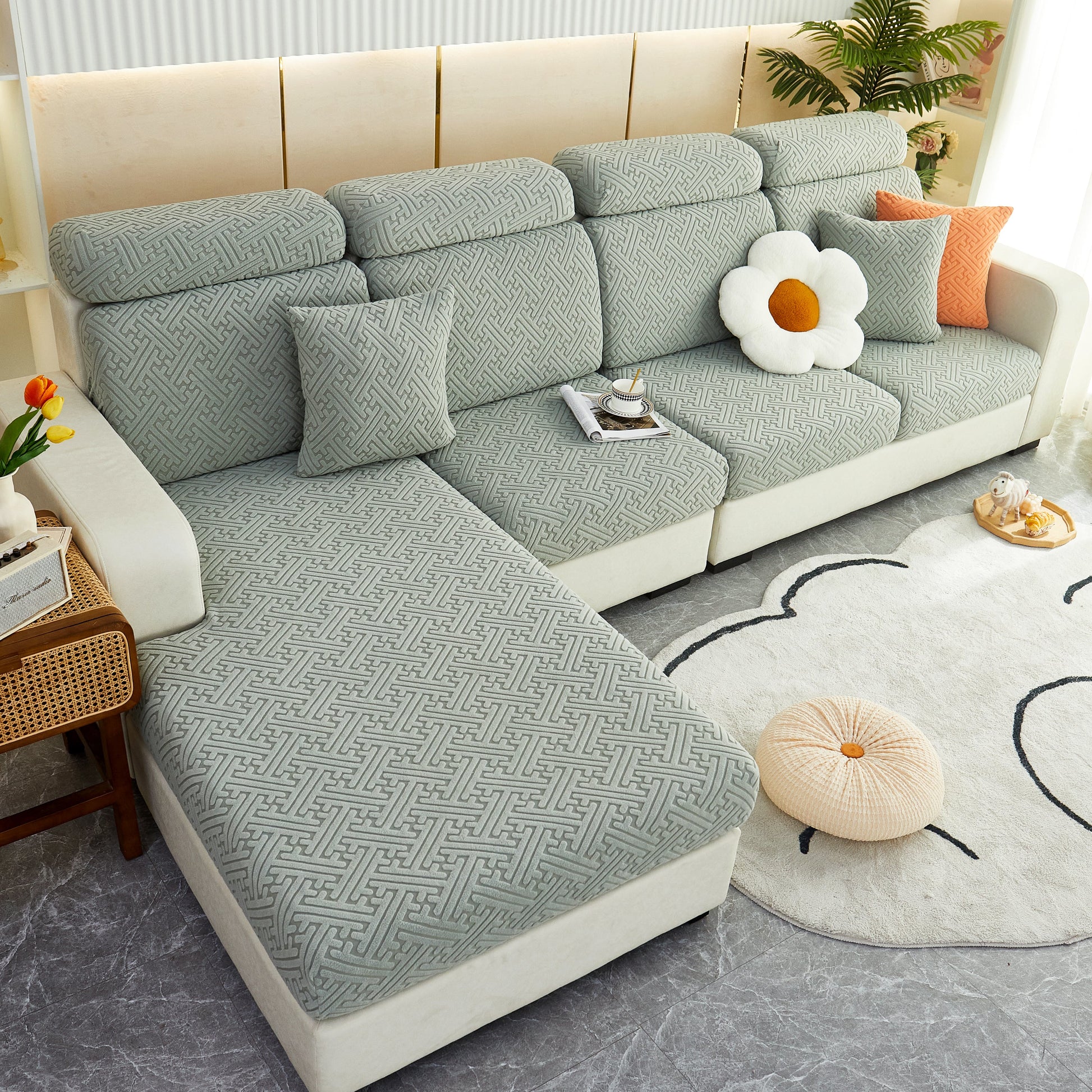 Polar Fleece Couch Cushion Covers on modern sectional sofa, showing stretch sofa seat cushion covers and elastic furniture protector.