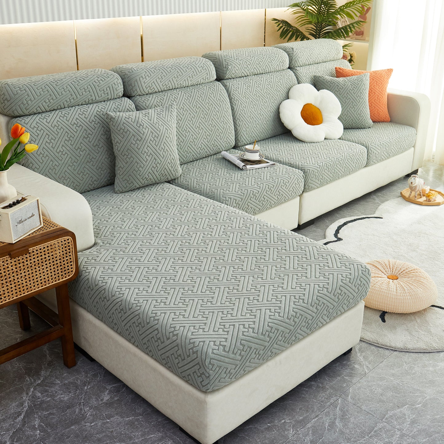 Polar Fleece Couch Cushion Covers, Stretch Sofa Seat Cushion Covers, Elastic Furniture Protector for Pets, Kid on fabric sofa