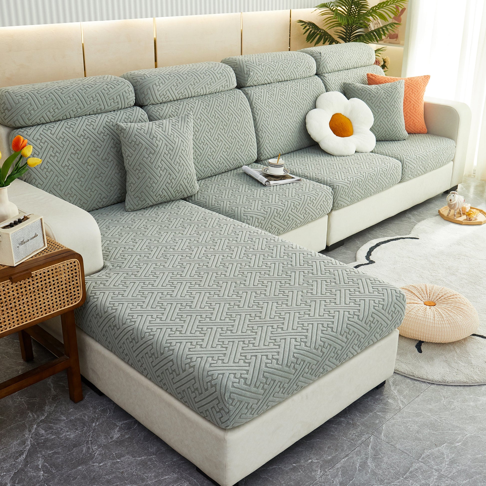 Polar Fleece Couch Cushion Covers, Stretch Sofa Seat Cushion Covers, Elastic Furniture Protector for Pets, Kid on fabric sofa