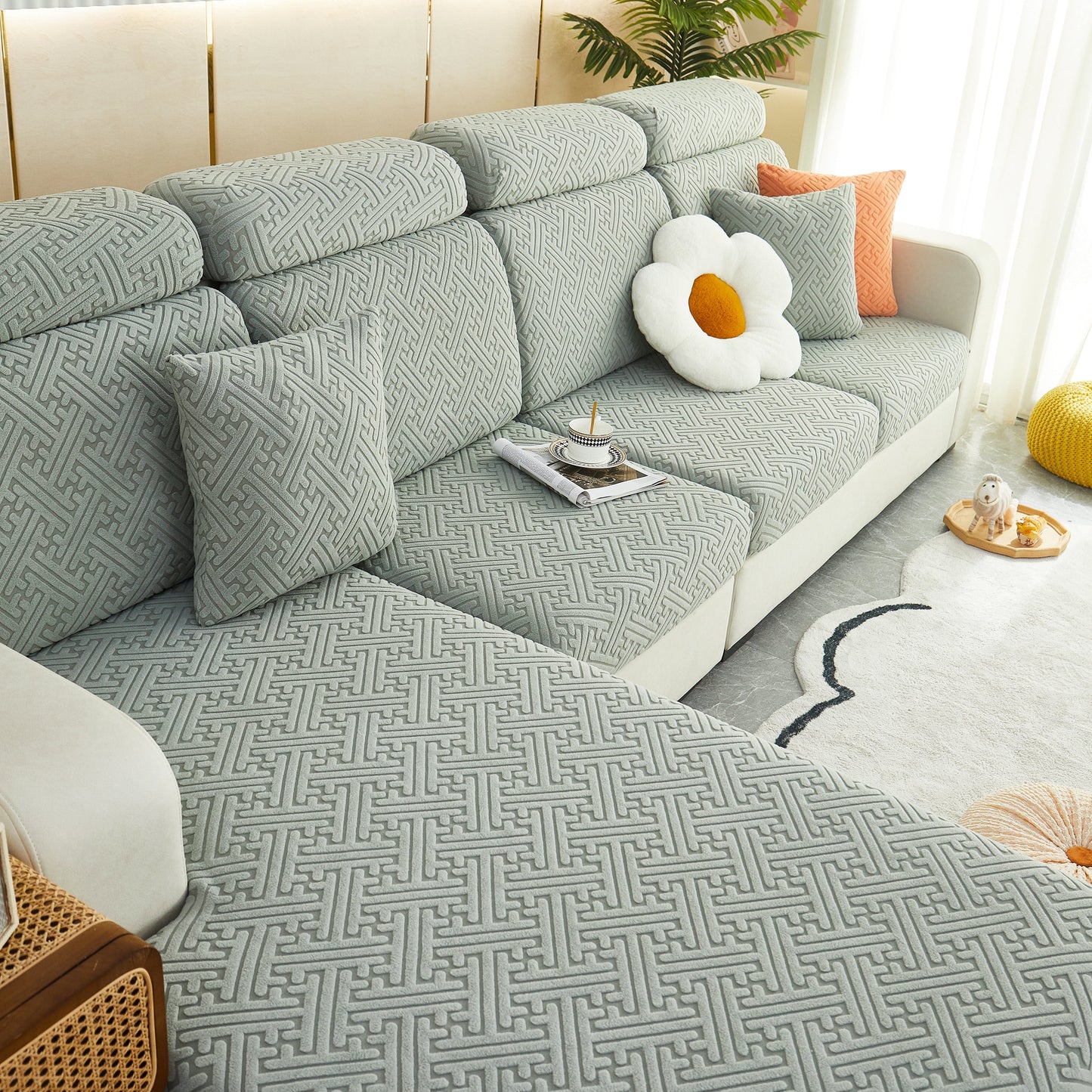 Polar Fleece Couch Cushion Covers on stylish sofa with decorative pillows, showcasing Stretch Sofa Seat Cushion Covers and Elastic Furniture Protector for Pets, Kid.