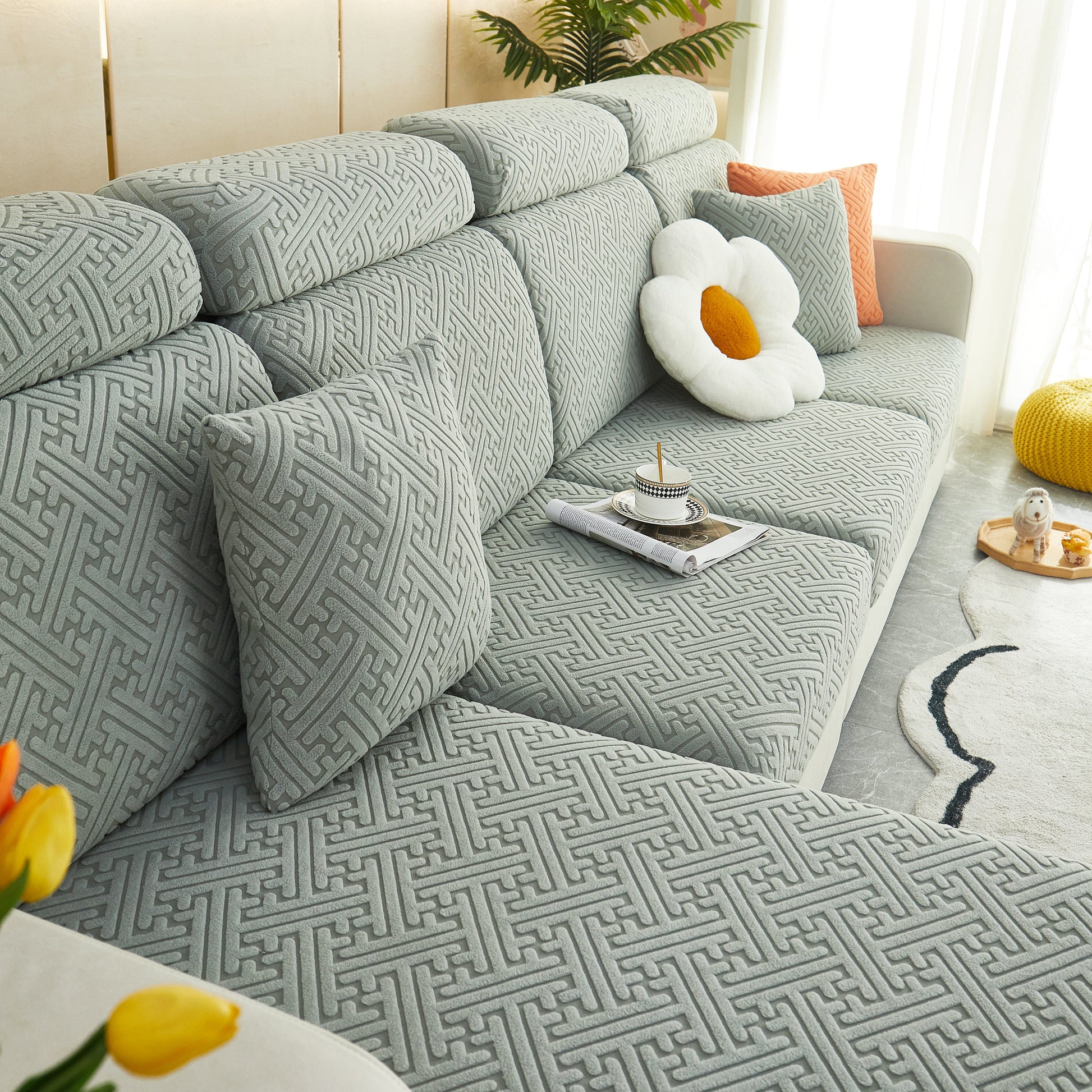 Polar Fleece Couch Cushion Covers, Stretch Sofa Seat Cushion Covers, Elastic Furniture Protector for Pets, Kid on stylish couch