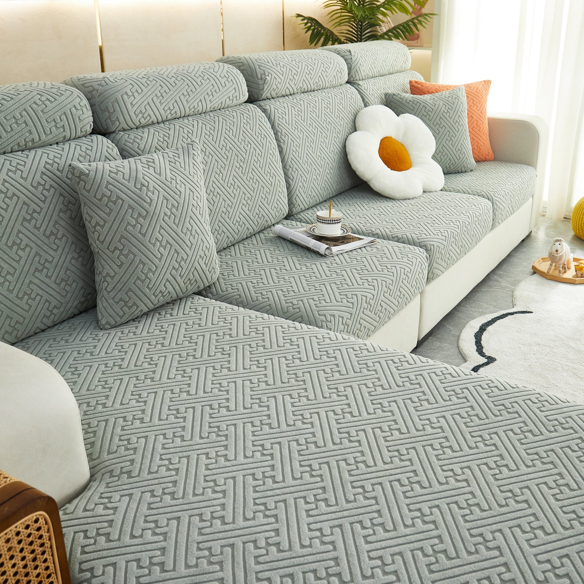 Polar Fleece Couch Cushion Covers, Stretch Sofa Seat Cushion Covers, Elastic Furniture Protector for Pets, Kid on stylish sofa