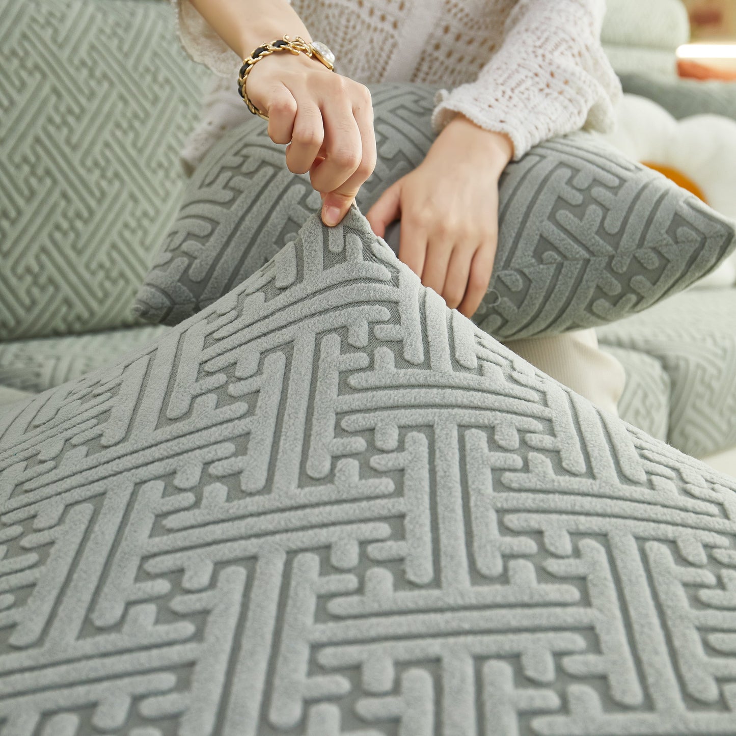 Polar Fleece Couch Cushion Covers, Stretch Sofa Seat Cushion Covers, Elastic Furniture Protector for Pets, Kid shown in use