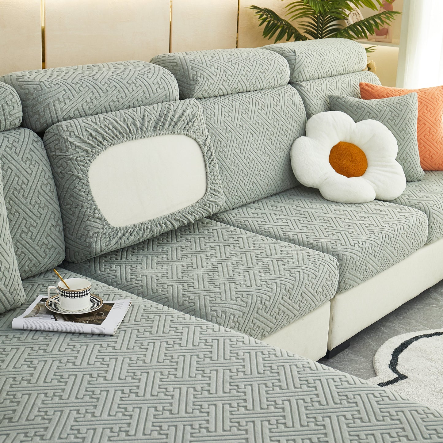 Polar Fleece Couch Cushion Covers, Stretch Sofa Seat Cushion Covers, Elastic Furniture Protector for Pets, Kid on modern sofa