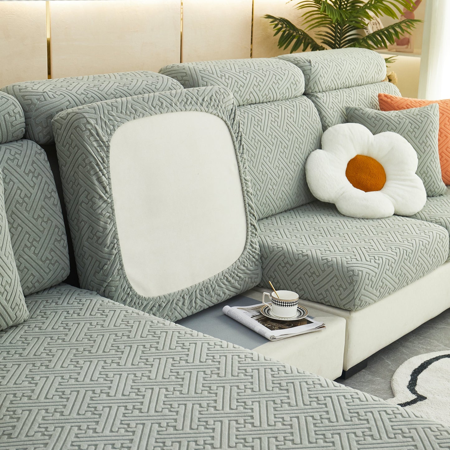 Polar Fleece Couch Cushion Covers, Stretch Sofa Seat Cushion Covers, Elastic Furniture Protector for Pets, Kid on stylish sofa.