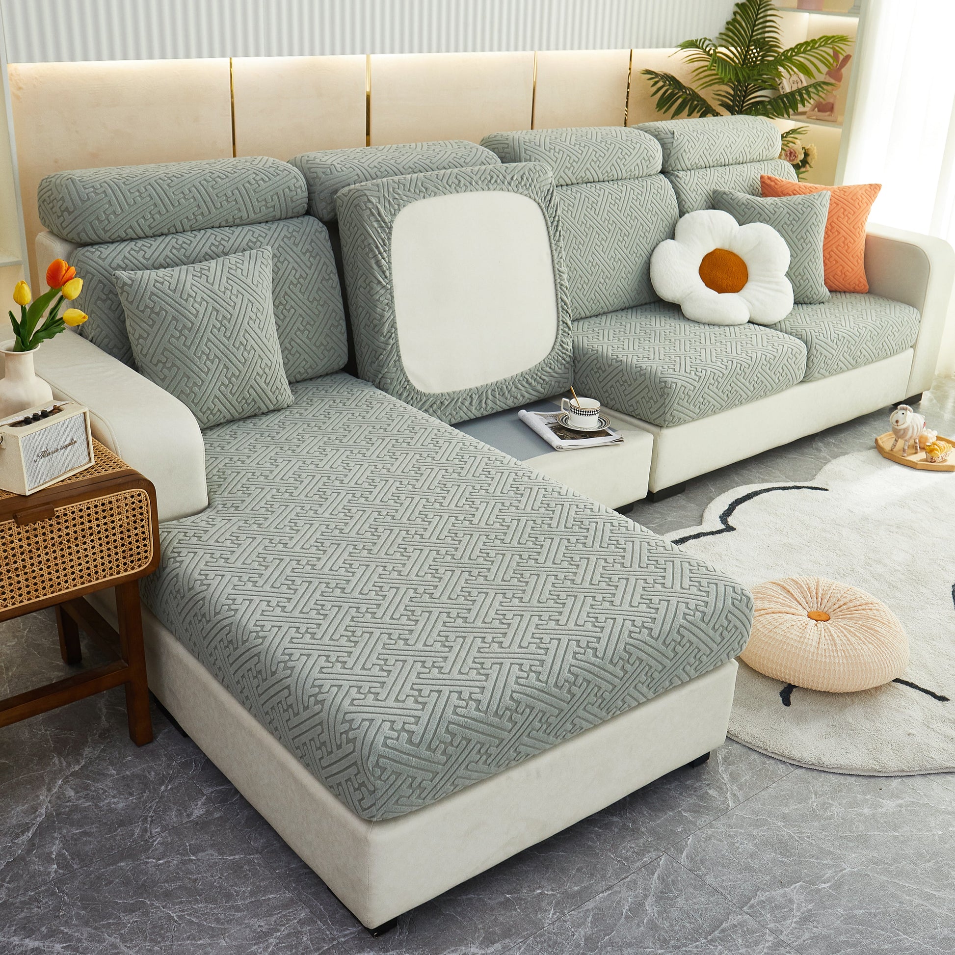 Polar Fleece Couch Cushion Covers on sofa, Stretch Sofa Seat Cushion Covers for protection, Elastic Furniture Protector for Pets, Kid.