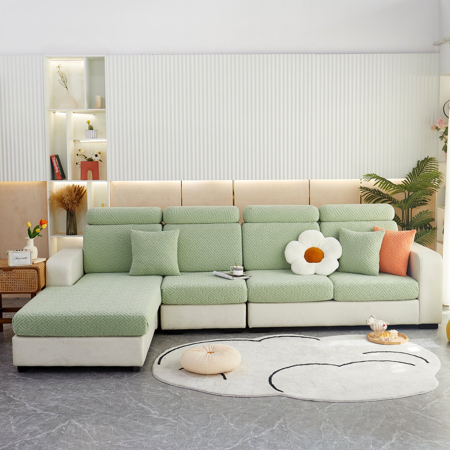 Polar Fleece Couch Cushion Covers on sofa, showcasing Stretch Sofa Seat Cushion Covers and Elastic Furniture Protector for Pets, Kid.