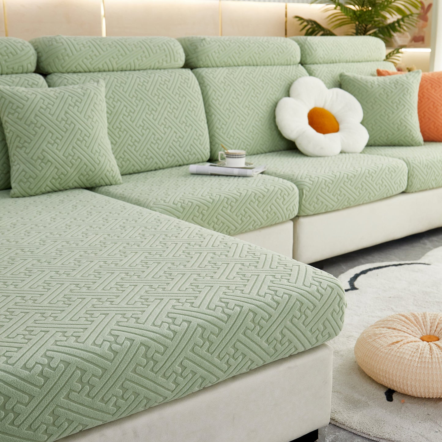 Polar Fleece Couch Cushion Covers, Stretch Sofa Seat Cushion Covers, Elastic Furniture Protector for Pets, Kid on green sofa