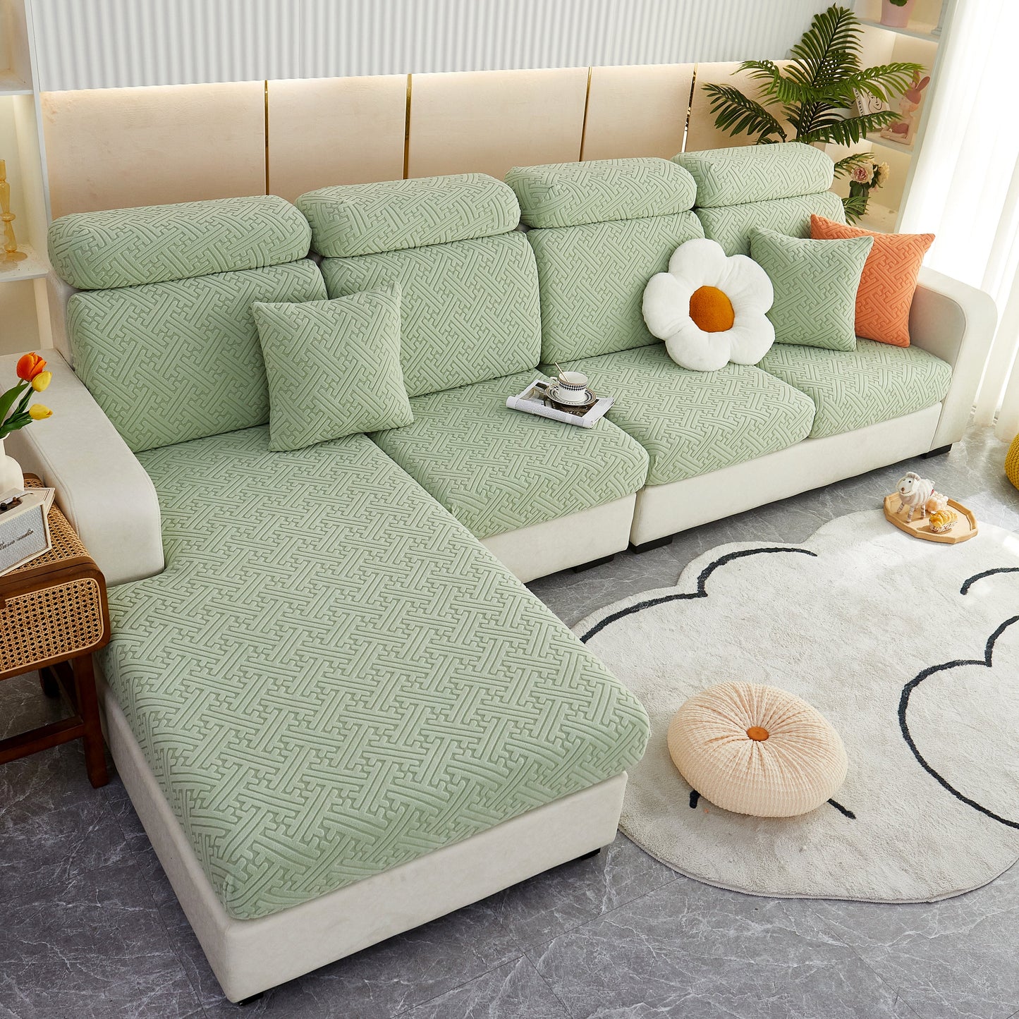 Polar Fleece Couch Cushion Covers on modern green sofa with pillows and home decor