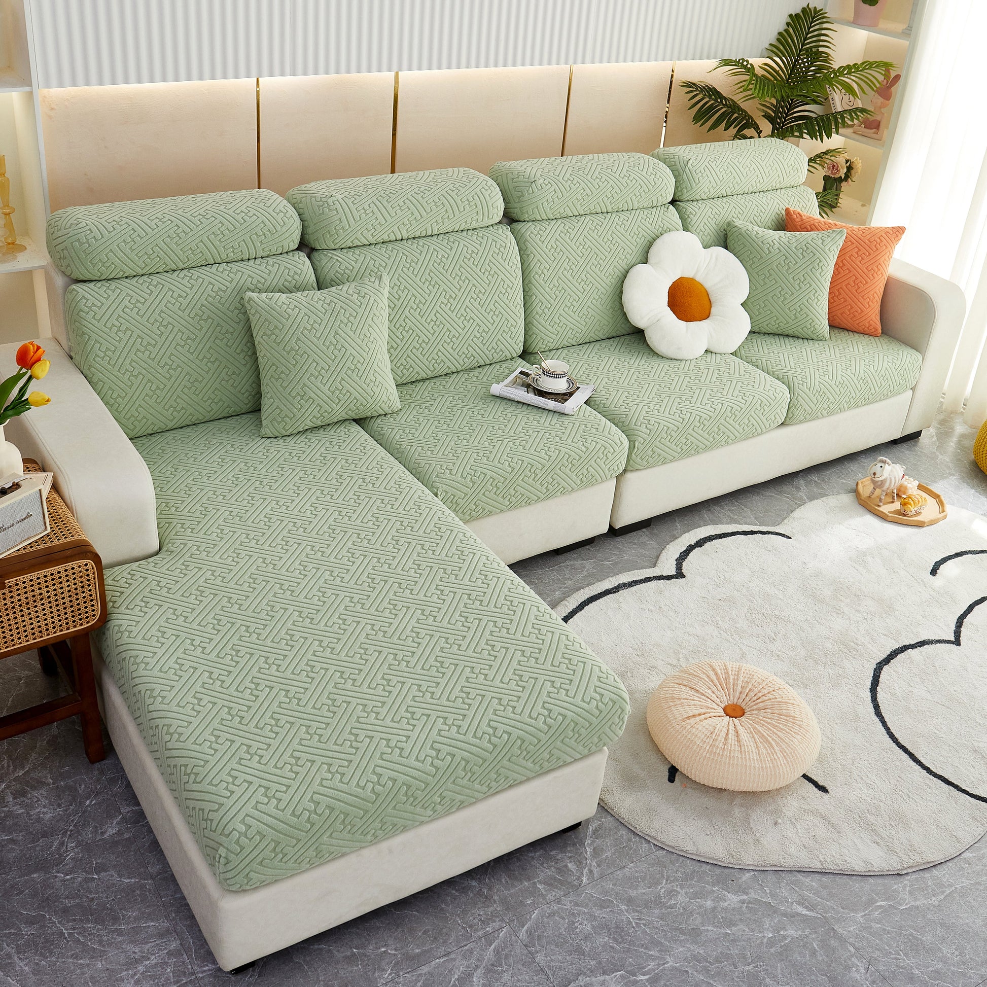 Polar Fleece Couch Cushion Covers on modern green sofa with pillows and home decor