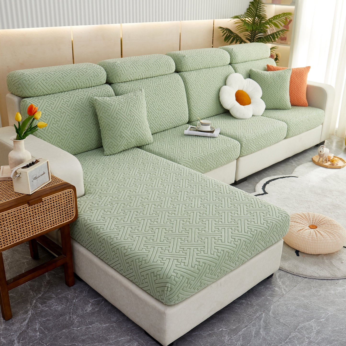 Polar Fleece Couch Cushion Covers, Stretch Sofa Seat Cushion Covers, Elastic Furniture Protector for Pets, Kid on green sofa