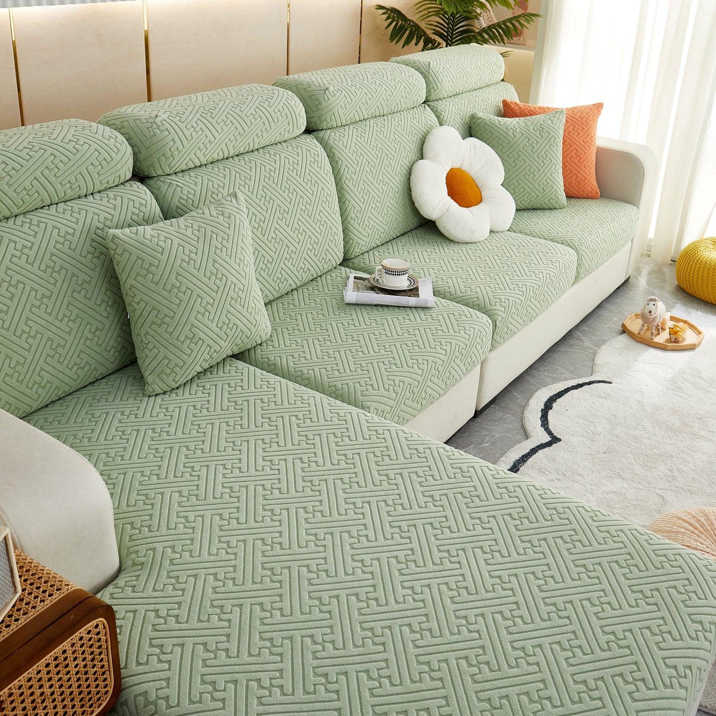 Polar Fleece Couch Cushion Covers, Stretch Sofa Seat Cushion Covers, Elastic Furniture Protector for Pets, Kid in living room setting