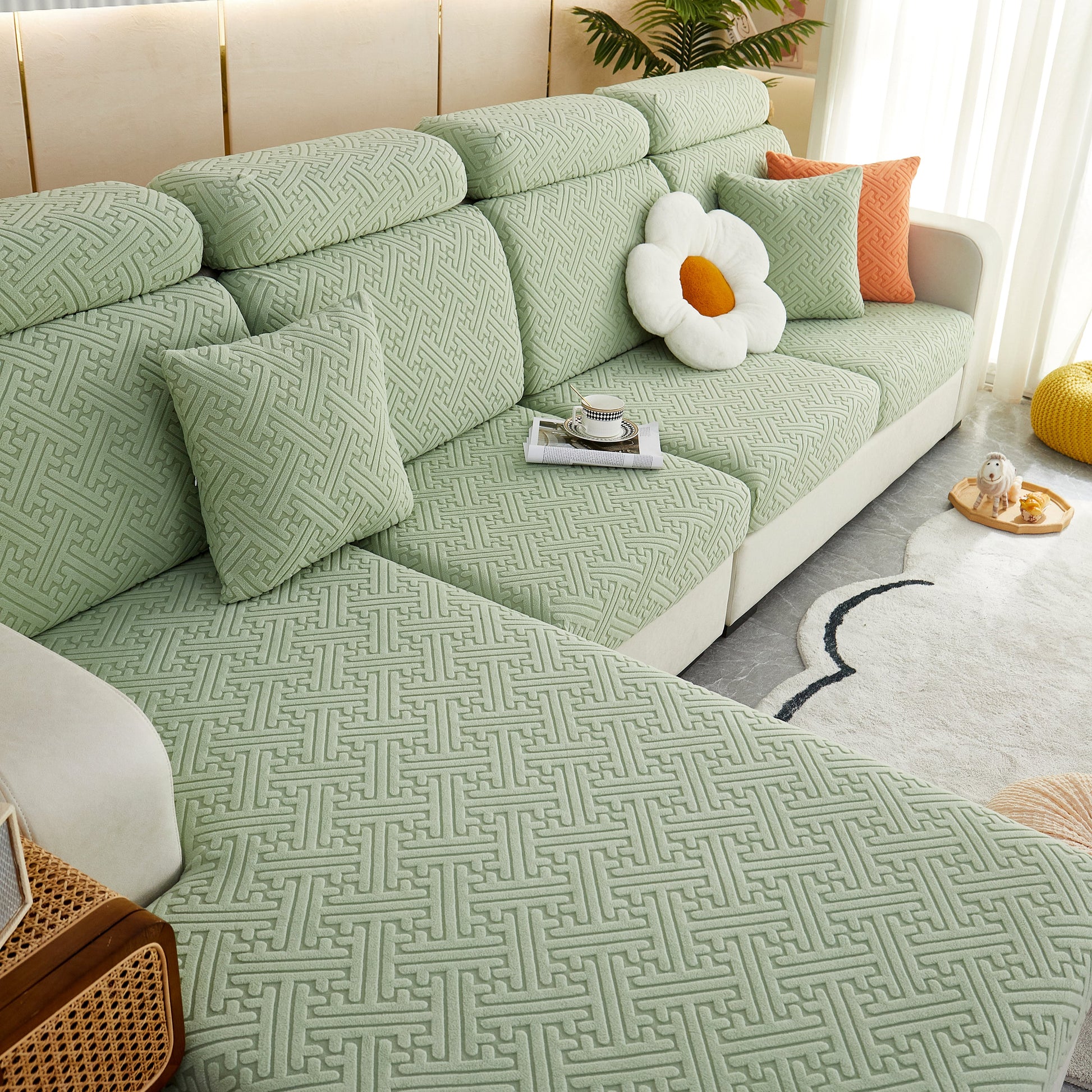 Polar Fleece Couch Cushion Covers, Stretch Sofa Seat Cushion Covers, Elastic Furniture Protector for Pets, Kid in living room setting