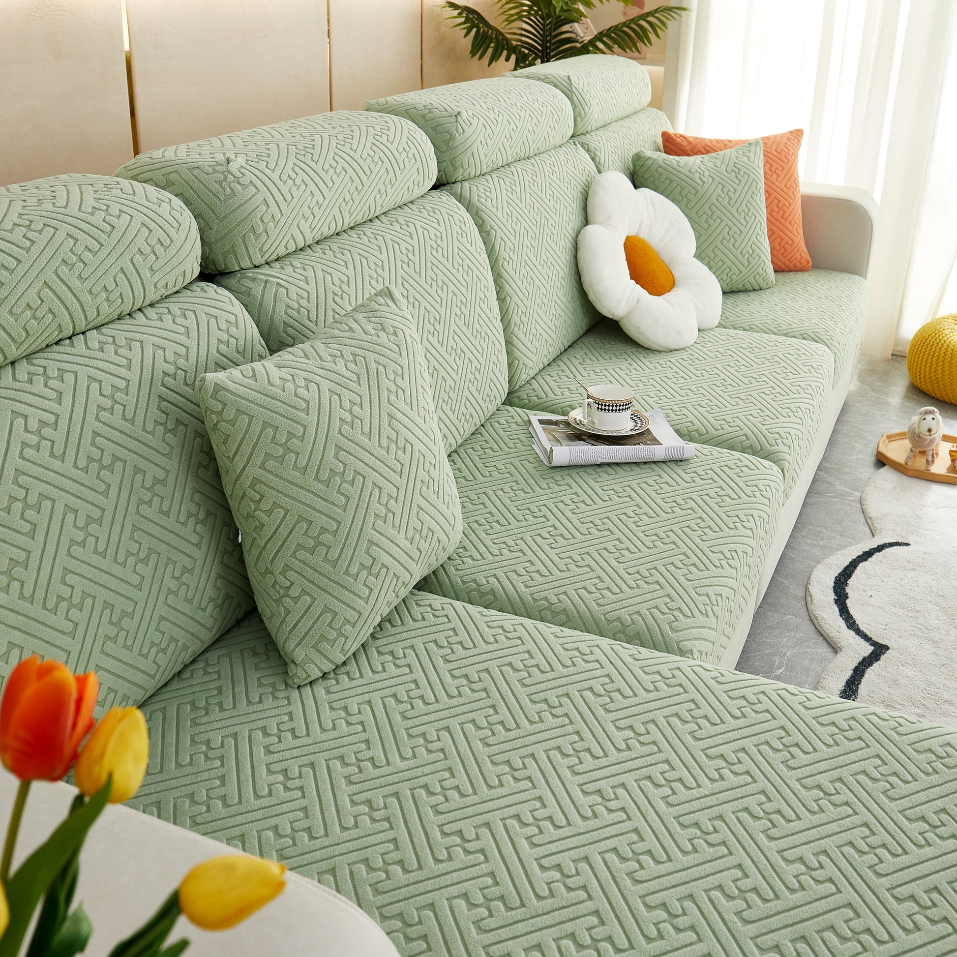 Polar Fleece Couch Cushion Covers, Stretch Sofa Seat Cushion Covers, Elastic Furniture Protector for Pets, Kid on stylish couch