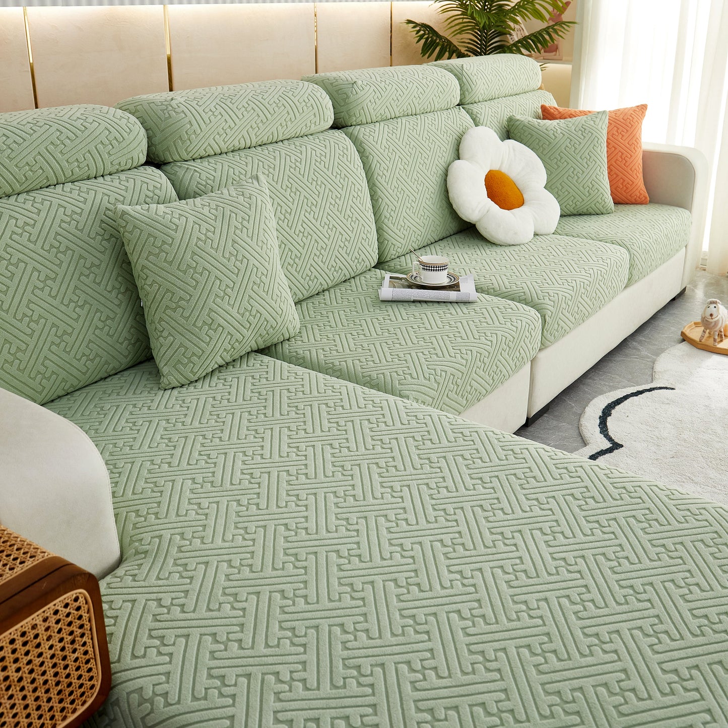 Polar Fleece Couch Cushion Covers on a stylish green sofa, Stretch Sofa Seat Cushion Covers as Elastic Furniture Protector for Pets, Kid