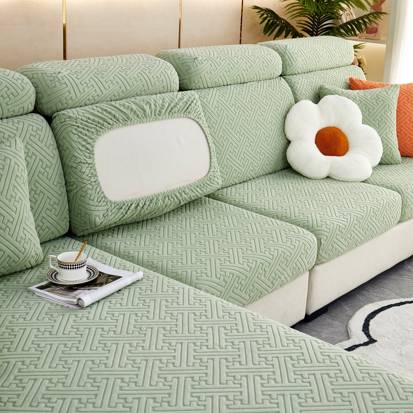 Polar Fleece Couch Cushion Covers, Stretch Sofa Seat Cushion Covers, Elastic Furniture Protector for Pets, Kid on green sofa.