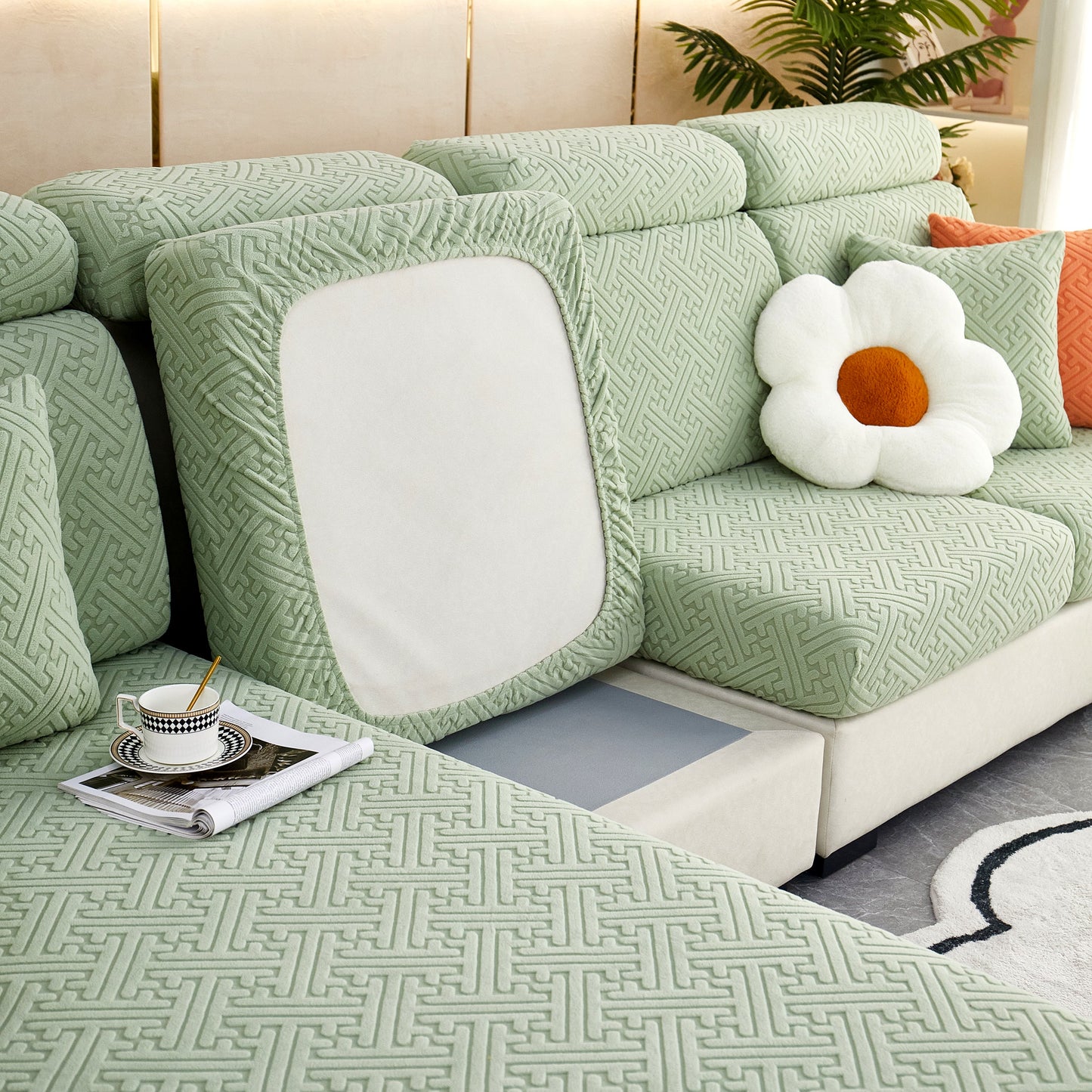 Polar Fleece Couch Cushion Covers, Stretch Sofa Seat Cushion Covers, Elastic Furniture Protector for Pets, Kid in green pattern