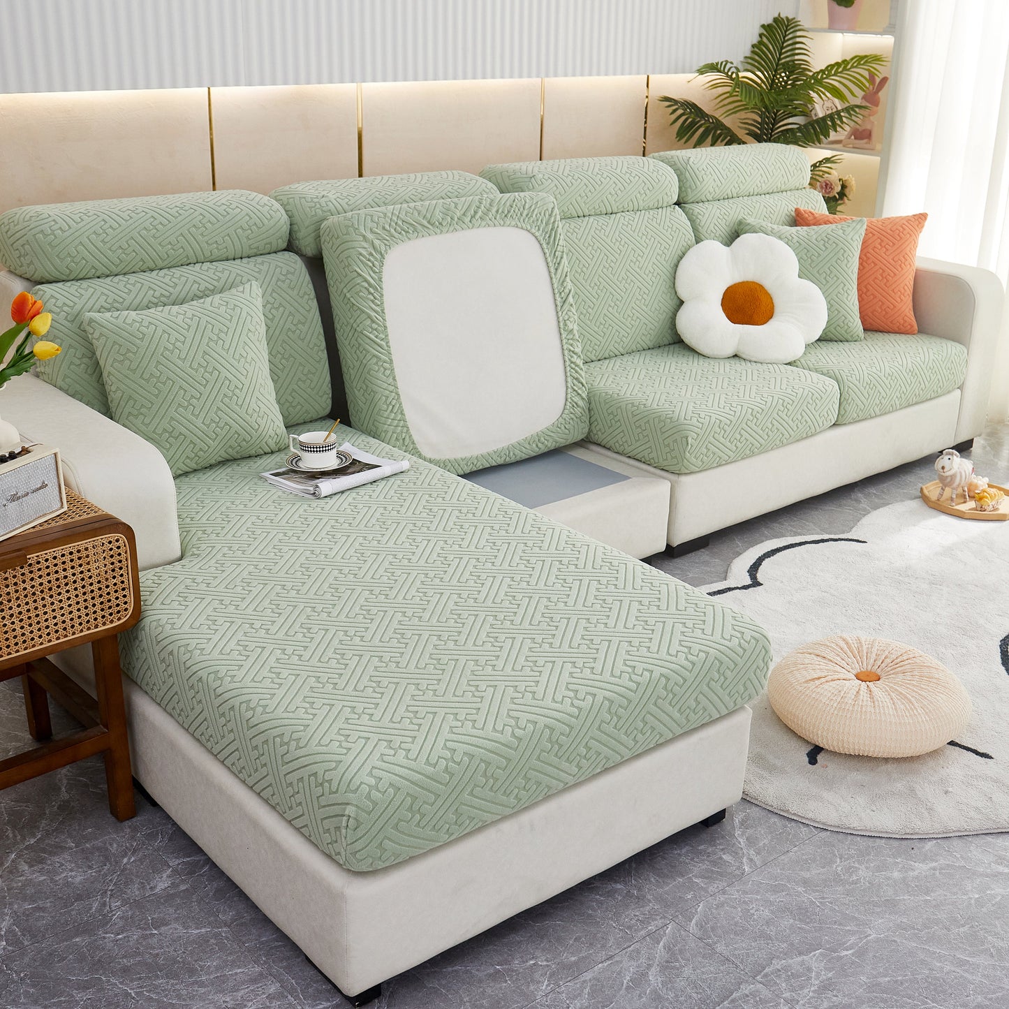 Living room with Polar Fleece Couch Cushion Covers, Stretch Sofa Seat Cushion Covers, Elastic Furniture Protector for Pets, Kid.