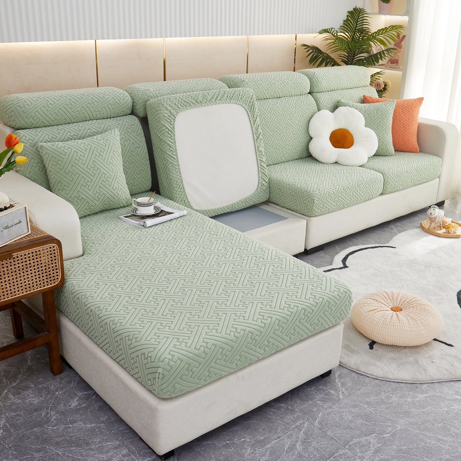 Living room with Polar Fleece Couch Cushion Covers, Stretch Sofa Seat Cushion Covers, Elastic Furniture Protector for Pets, Kid.