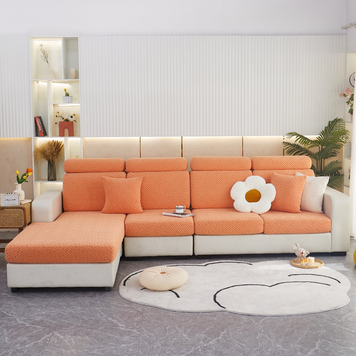 Living room with orange Polar Fleece Couch Cushion Covers, Stretch Sofa Seat Cushion Covers, Elastic Furniture Protector for Pets, Kid.