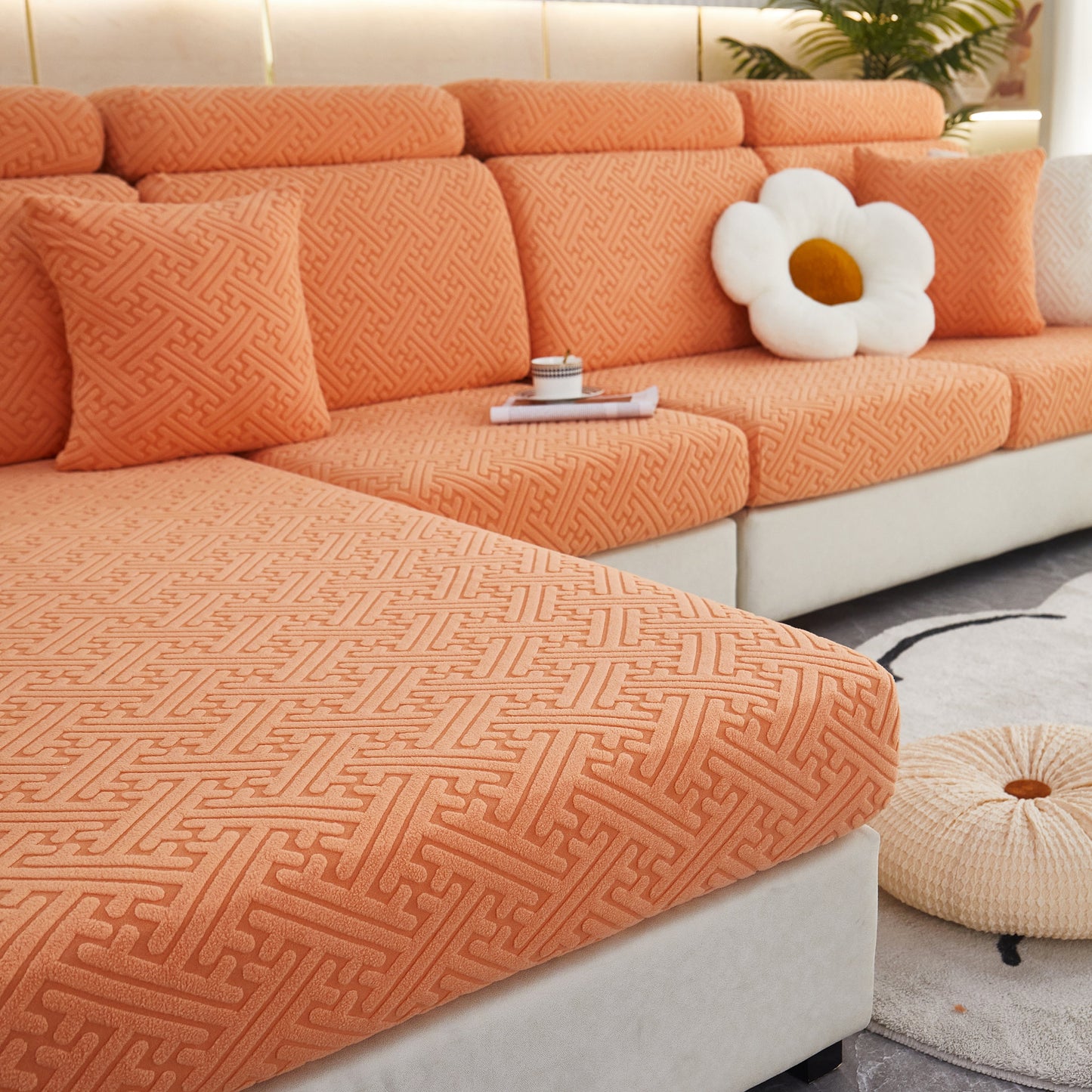 Orange Polar Fleece Couch Cushion Covers, Stretch Sofa Seat Cushion Covers, Elastic Furniture Protector for Pets, Kid on a modern sofa