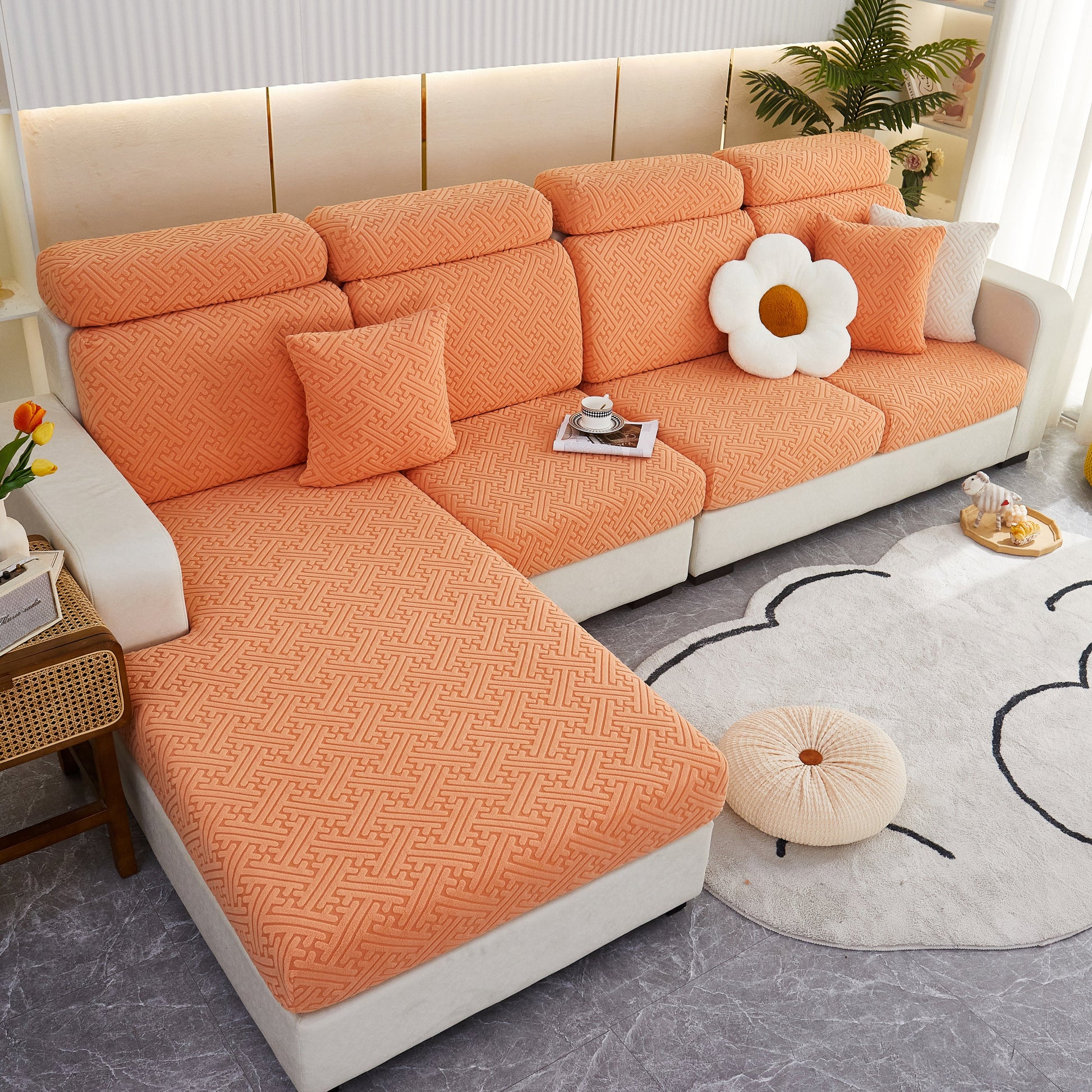 Polar Fleece Couch Cushion Covers on modern sectional sofa showcasing elasticity and style for pet and kid protection