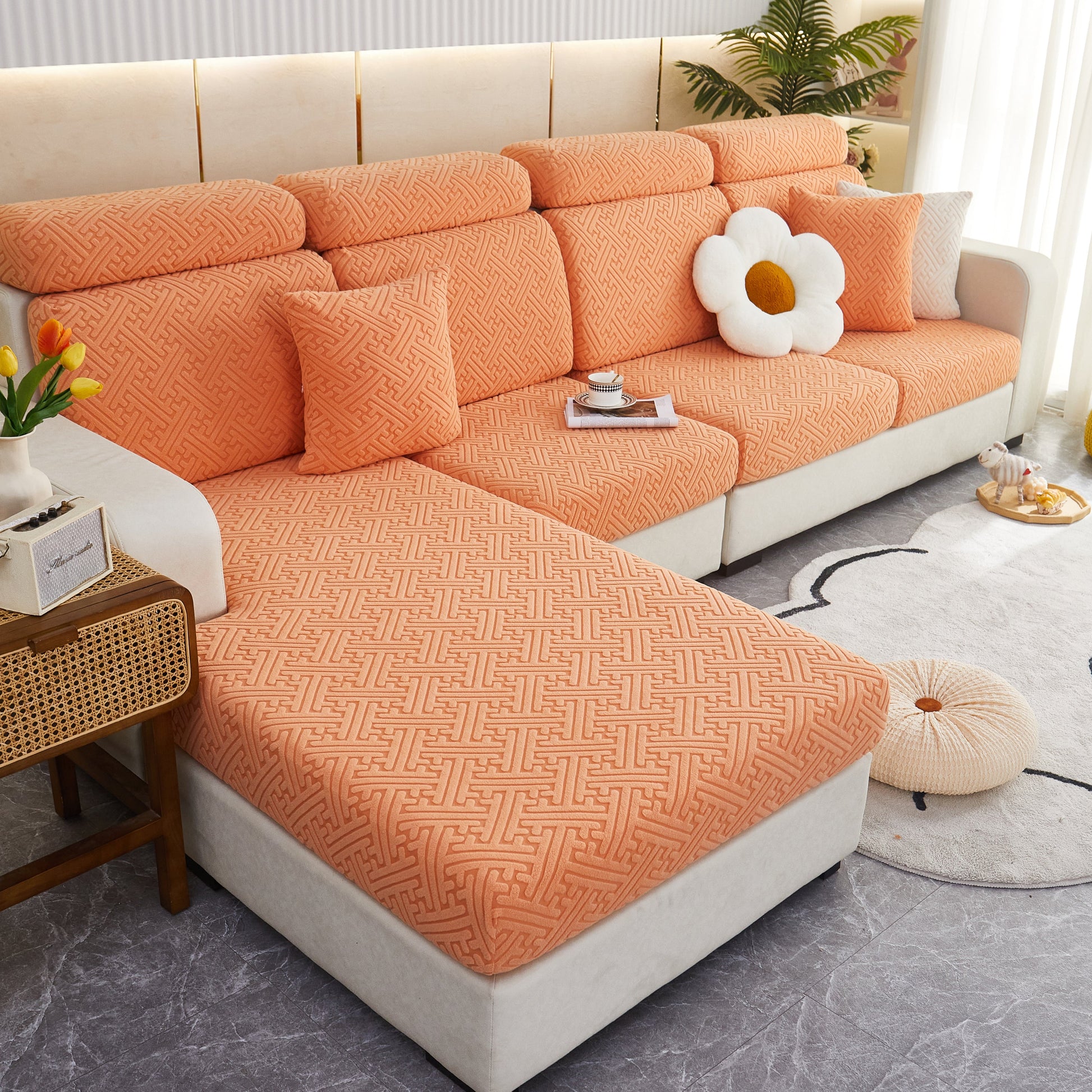 Polar Fleece Couch Cushion Covers, Stretch Sofa Seat Cushion Covers, Elastic Furniture Protector for Pets, Kid displayed on sofa