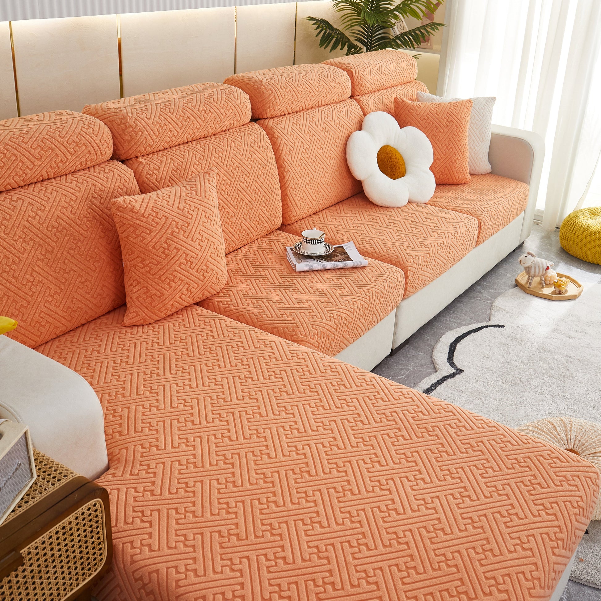 Polar Fleece Couch Cushion Covers on stylish sofa with flower pillow
