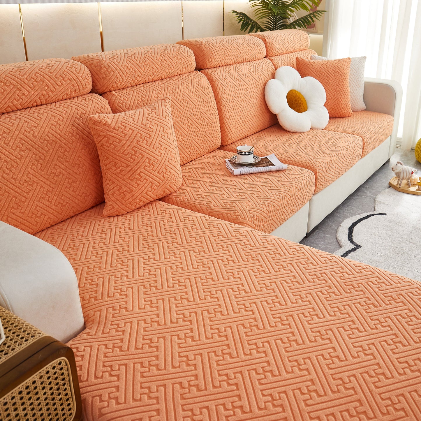 Living room with orange patterned Polar Fleece Couch Cushion Covers, Stretch Sofa Seat Cushion Covers, Elastic Furniture Protector for Pets, Kid.