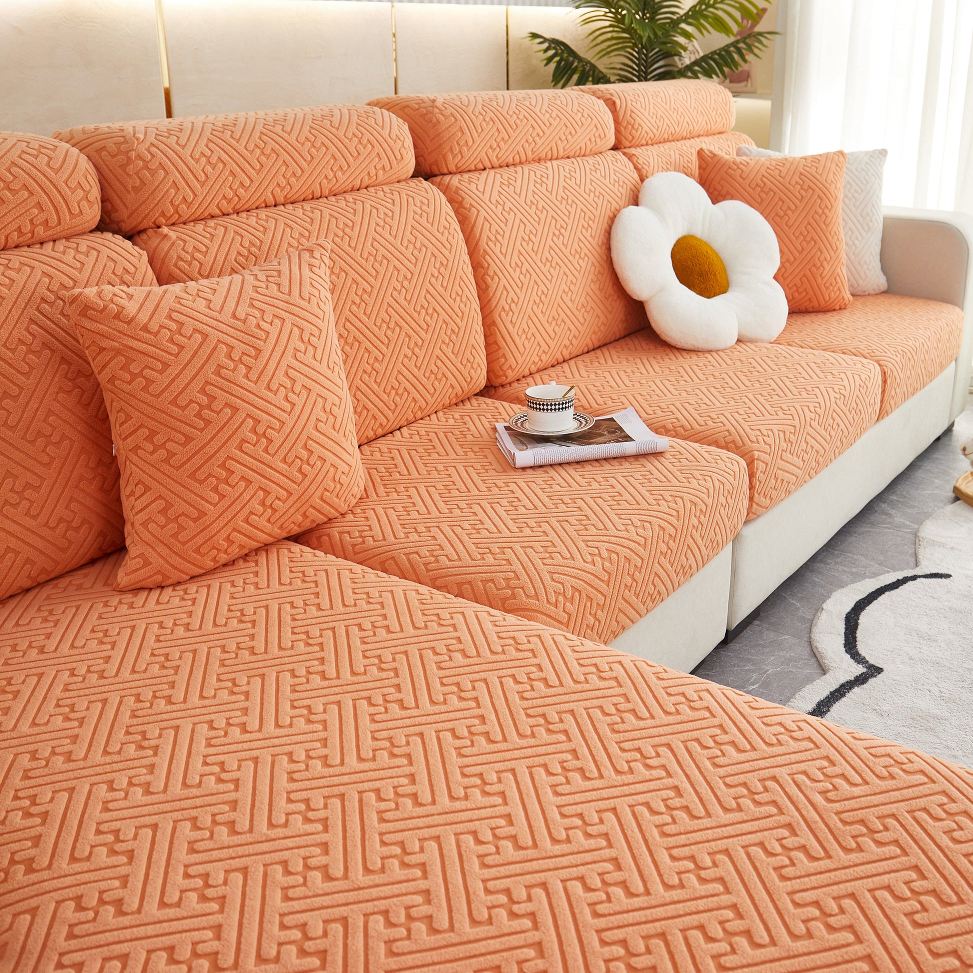 Orange sofa with Polar Fleece Couch Cushion Covers, Stretch Sofa Seat Cushion Covers, Elastic Furniture Protector for Pets, Kid