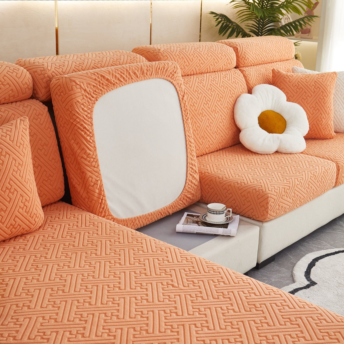 Polar Fleece Couch Cushion Covers on modern sofa, showcasing stretch sofa seat cushion covers, elastic furniture protector for pets, kid.
