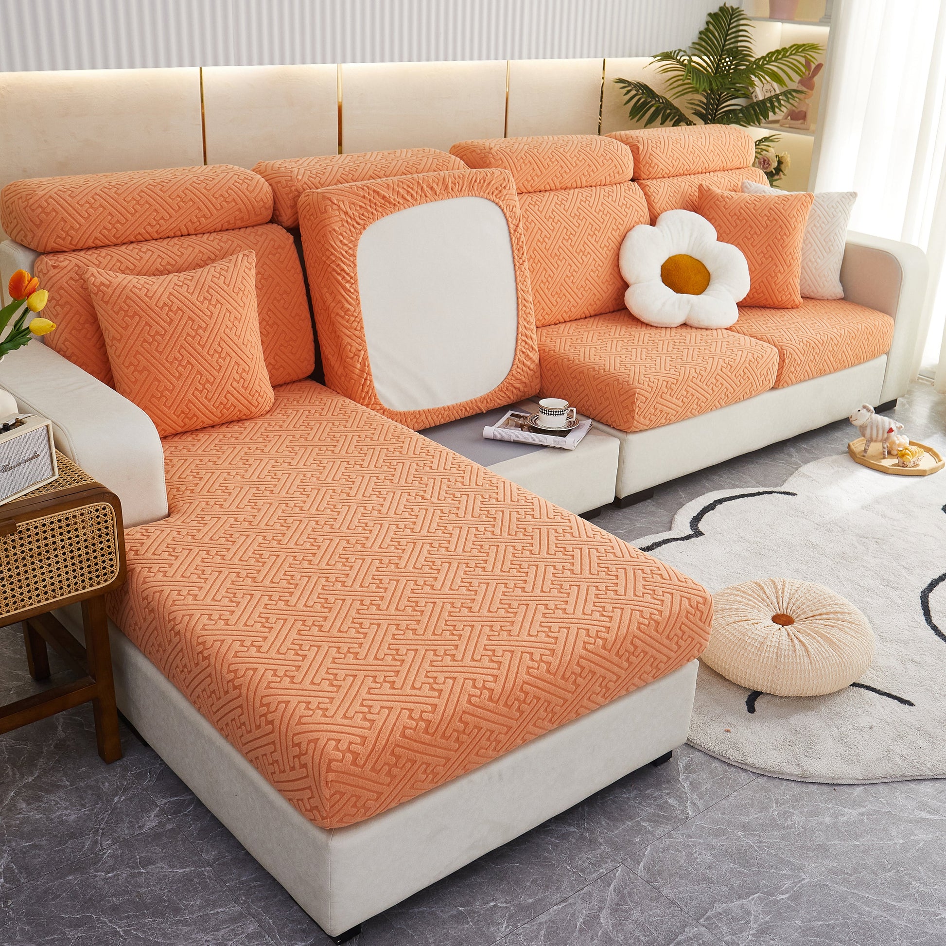 Polar Fleece Couch Cushion Covers, Stretch Sofa Seat Cushion Covers, Elastic Furniture Protector for Pets, Kid on a modern sofa