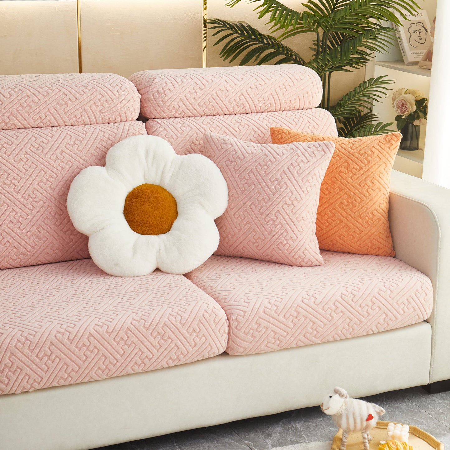 Polar Fleece Couch Cushion Covers, Stretch Sofa Seat Cushion Covers, Elastic Furniture Protector for Pets, Kid on a stylish sofa