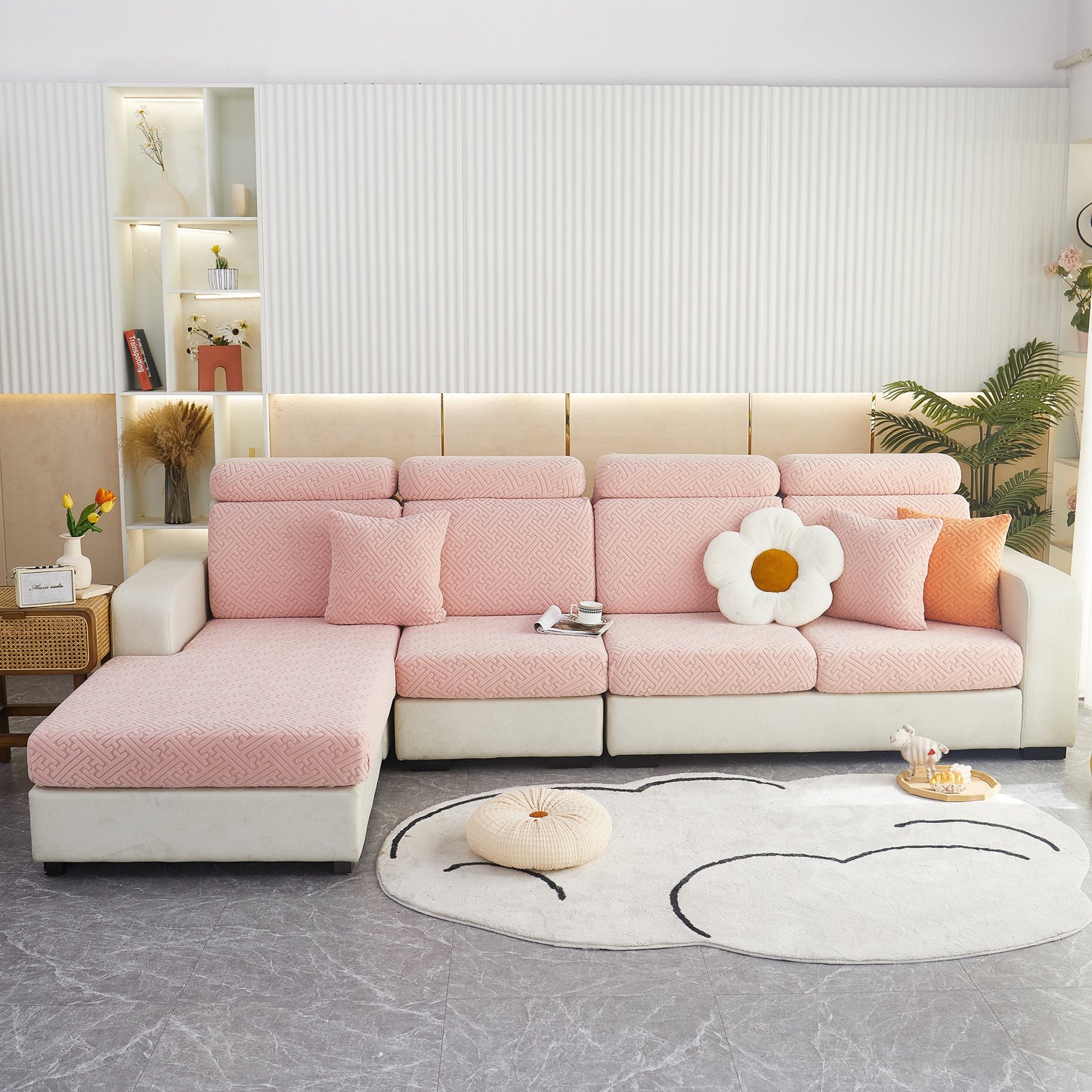 Polar Fleece Couch Cushion Covers on L-shaped sofa in modern living room with flower pillow and decorative elements
