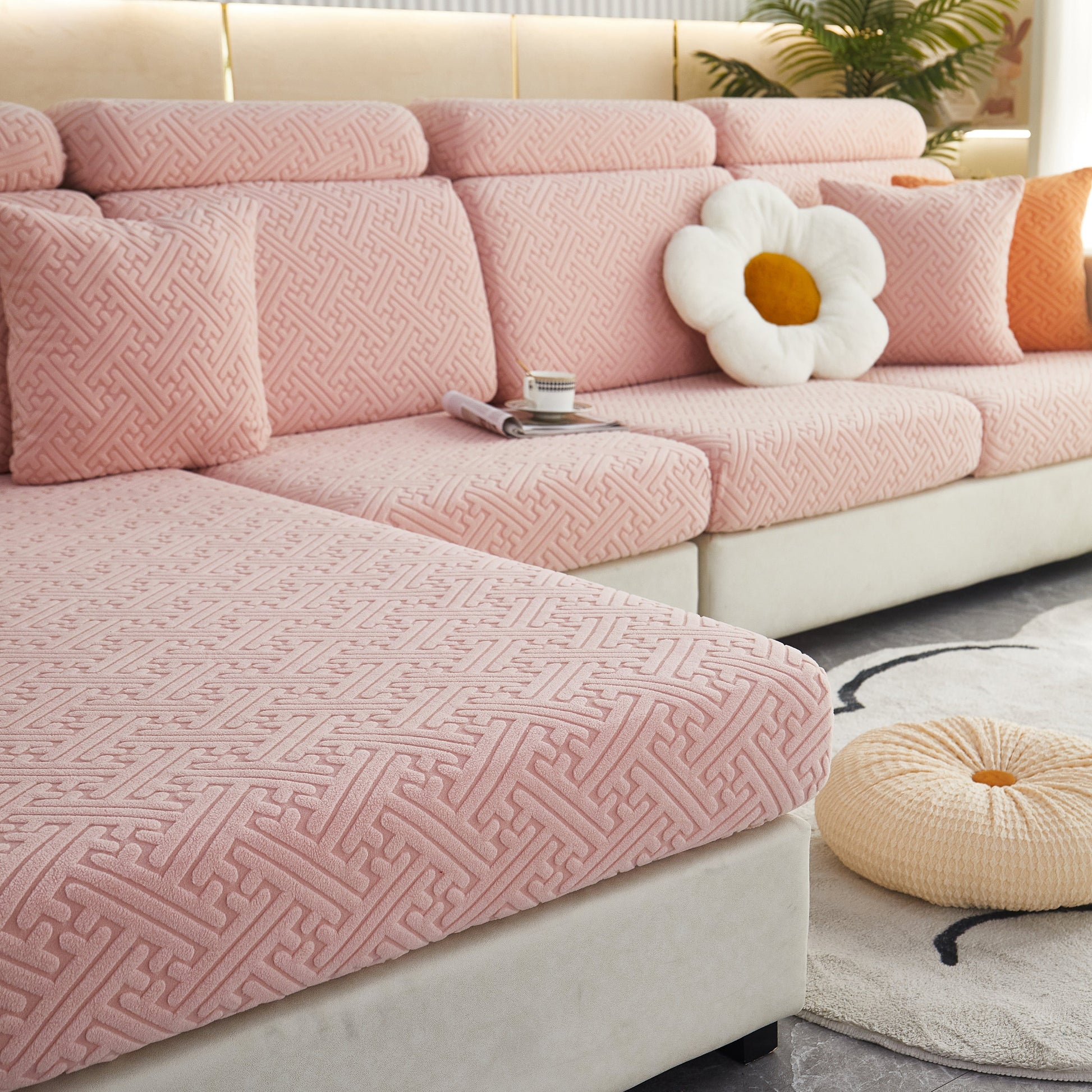 Polar Fleece Couch Cushion Covers, Stretch Sofa Seat Cushion Covers, Elastic Furniture Protector for Pets, Kid, pink
