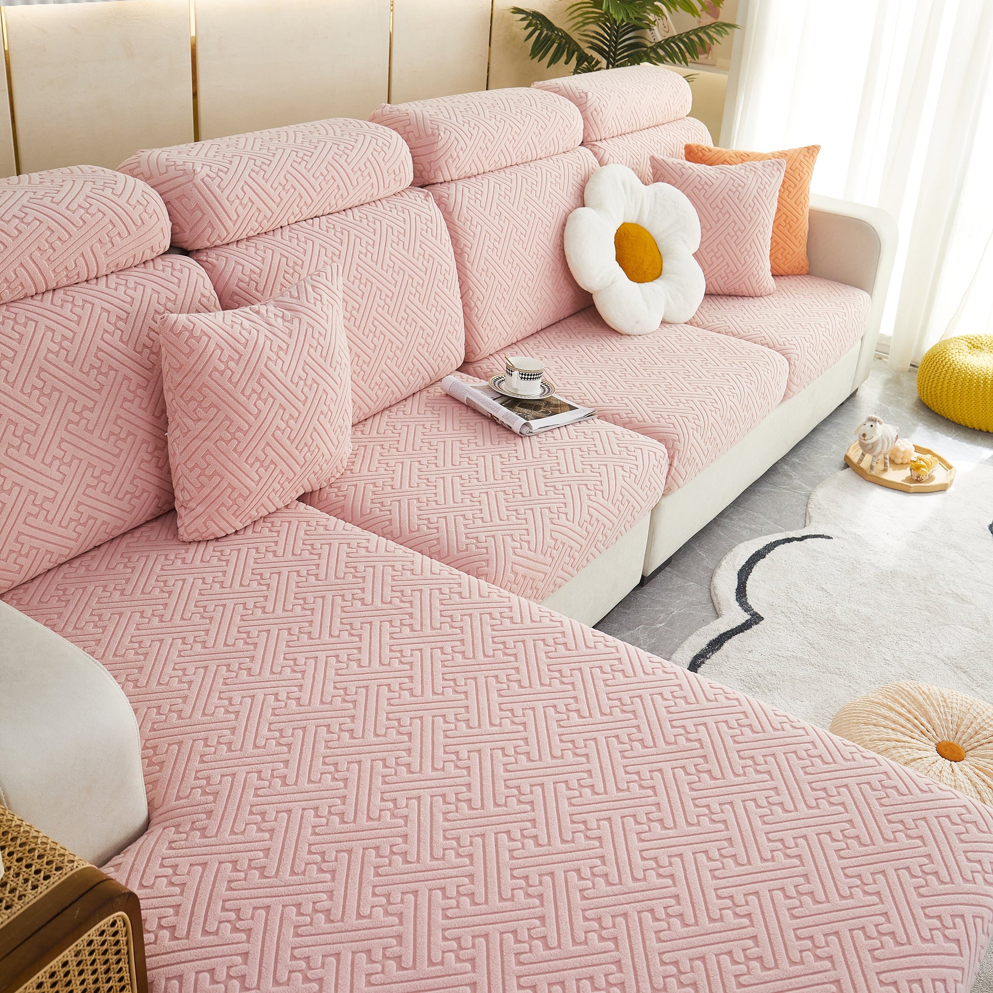 Polar Fleece Couch Cushion Covers, Stretch Sofa Seat Cushion Covers, Elastic Furniture Protector for Pets, Kid; stylish pink sofa