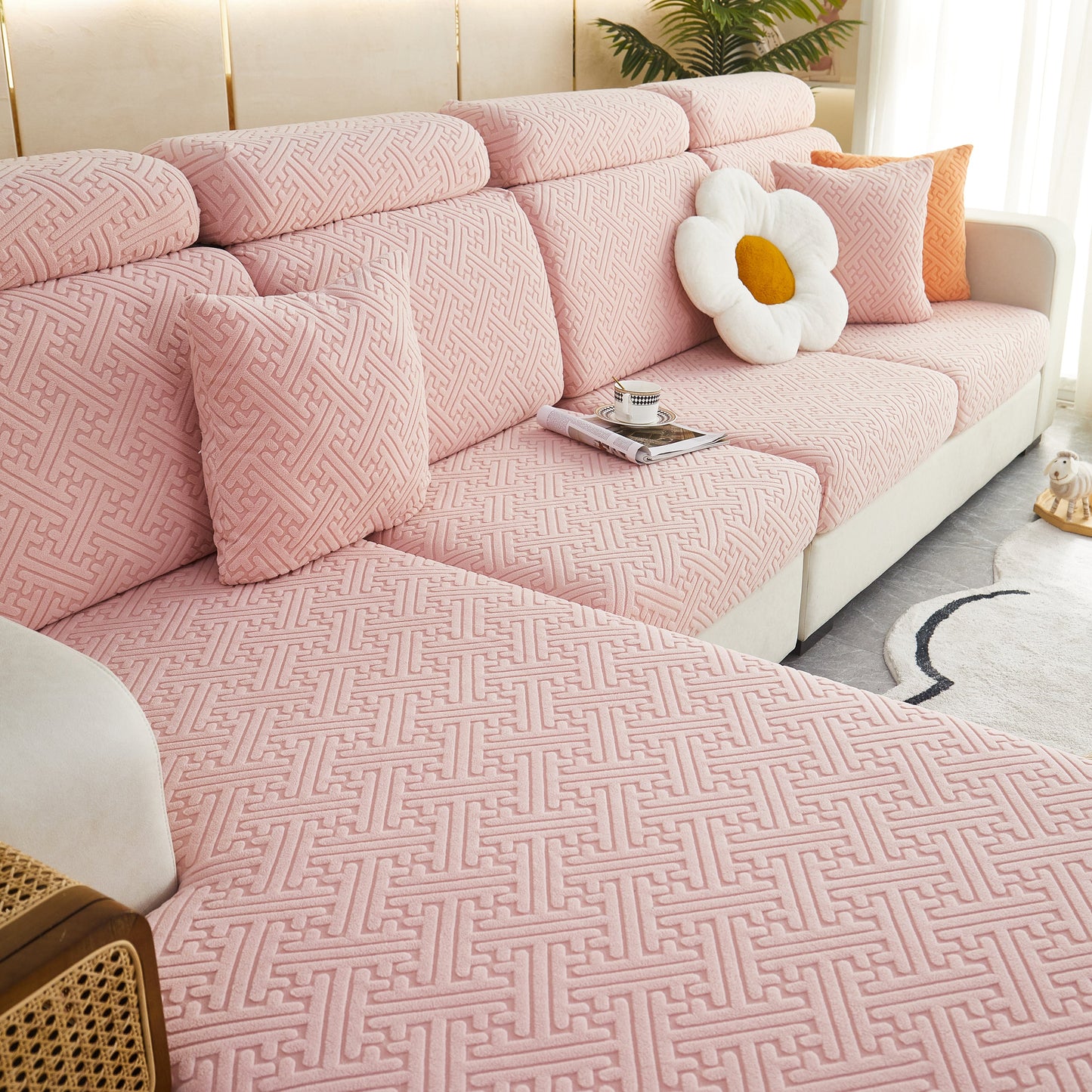 Polar Fleece Couch Cushion Covers, Stretch Sofa Seat Cushion Covers, Elastic Furniture Protector for Pets, Kid in pink pattern
