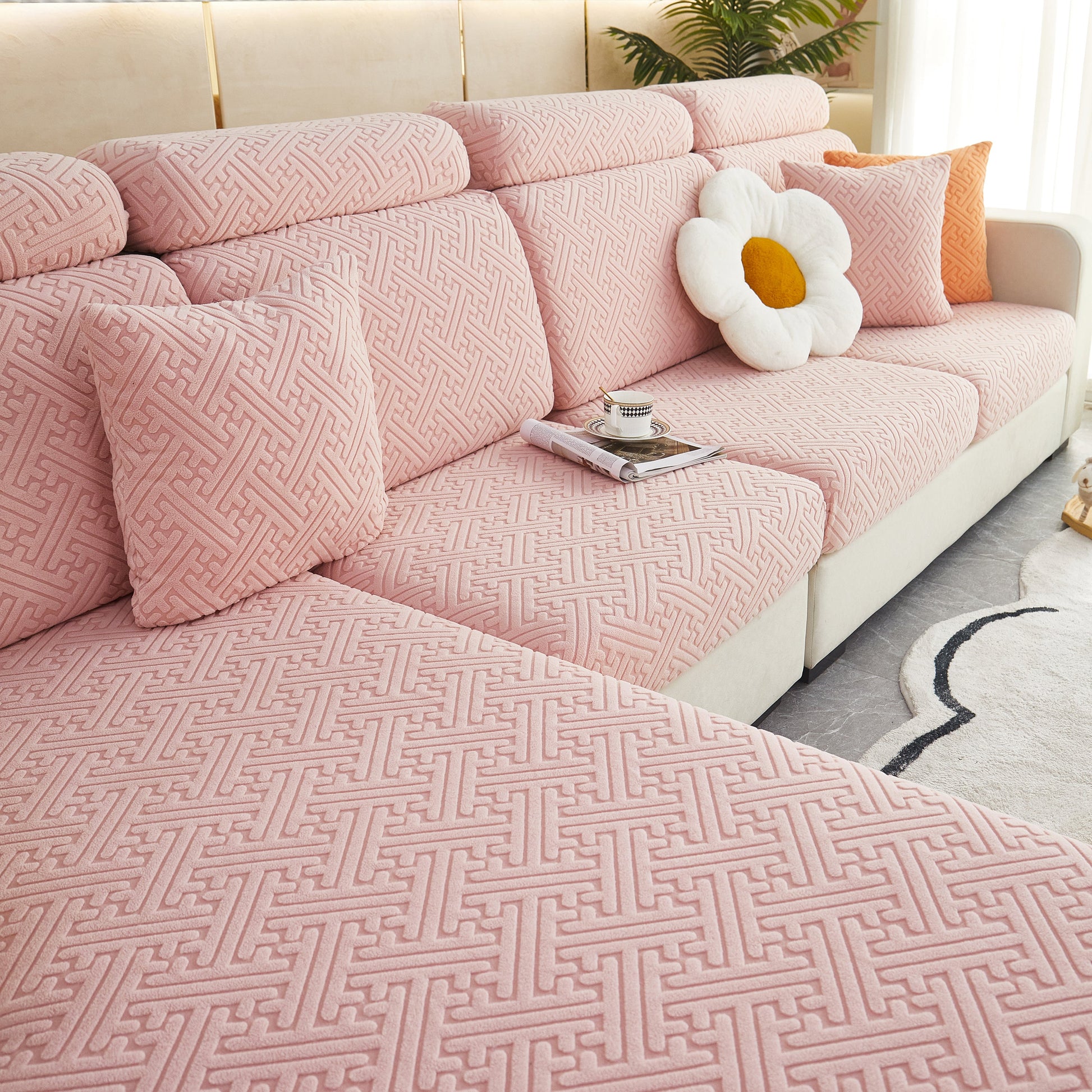 Polar Fleece Couch Cushion Covers on stylish sofa, featuring soft fabric and cozy comfort. Stretch Sofa Seat Cushion Covers for pets, kids.
