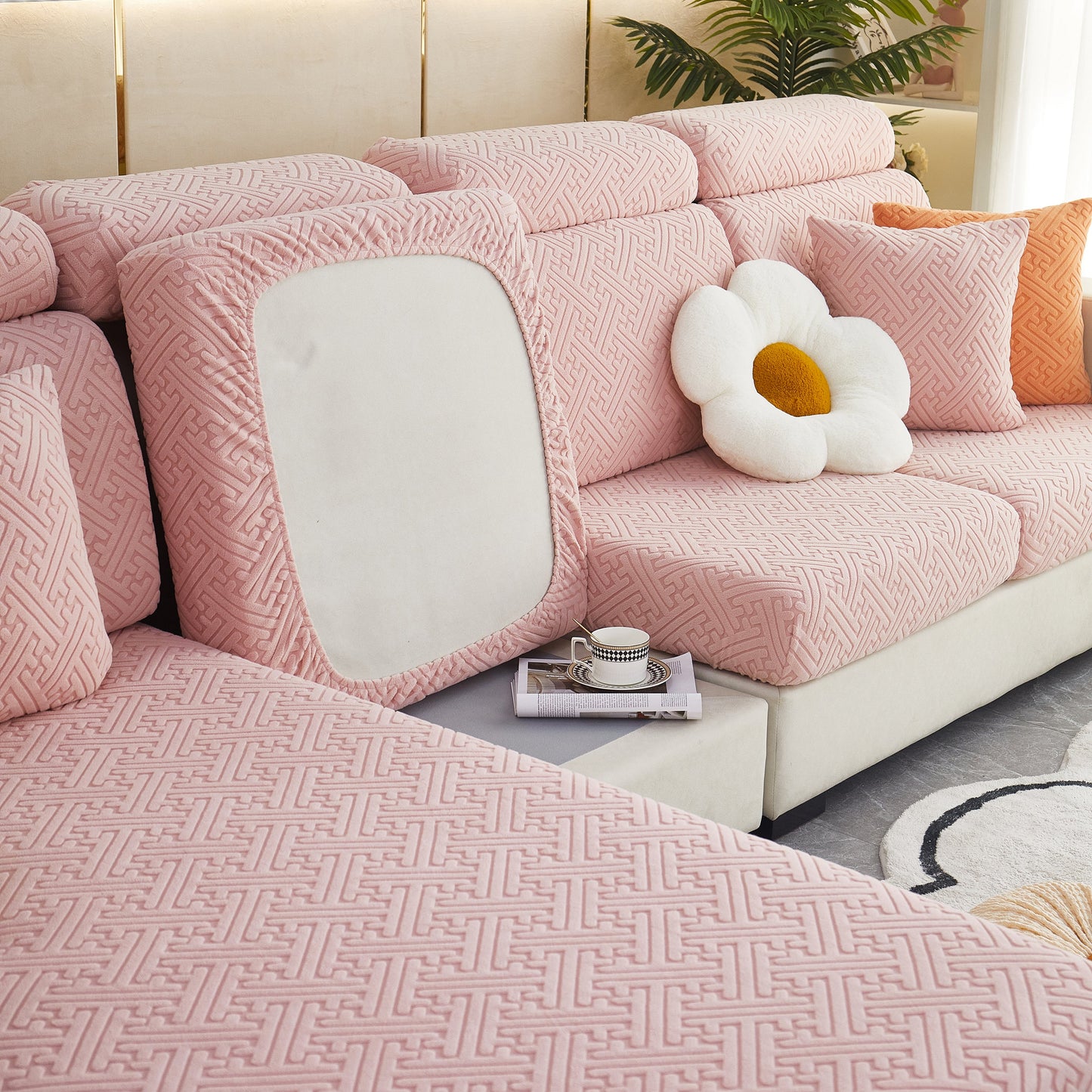 Polar Fleece Couch Cushion Covers, Stretch Sofa Seat Cushion Covers, Elastic Furniture Protector for Pets, Kid in pink pattern
