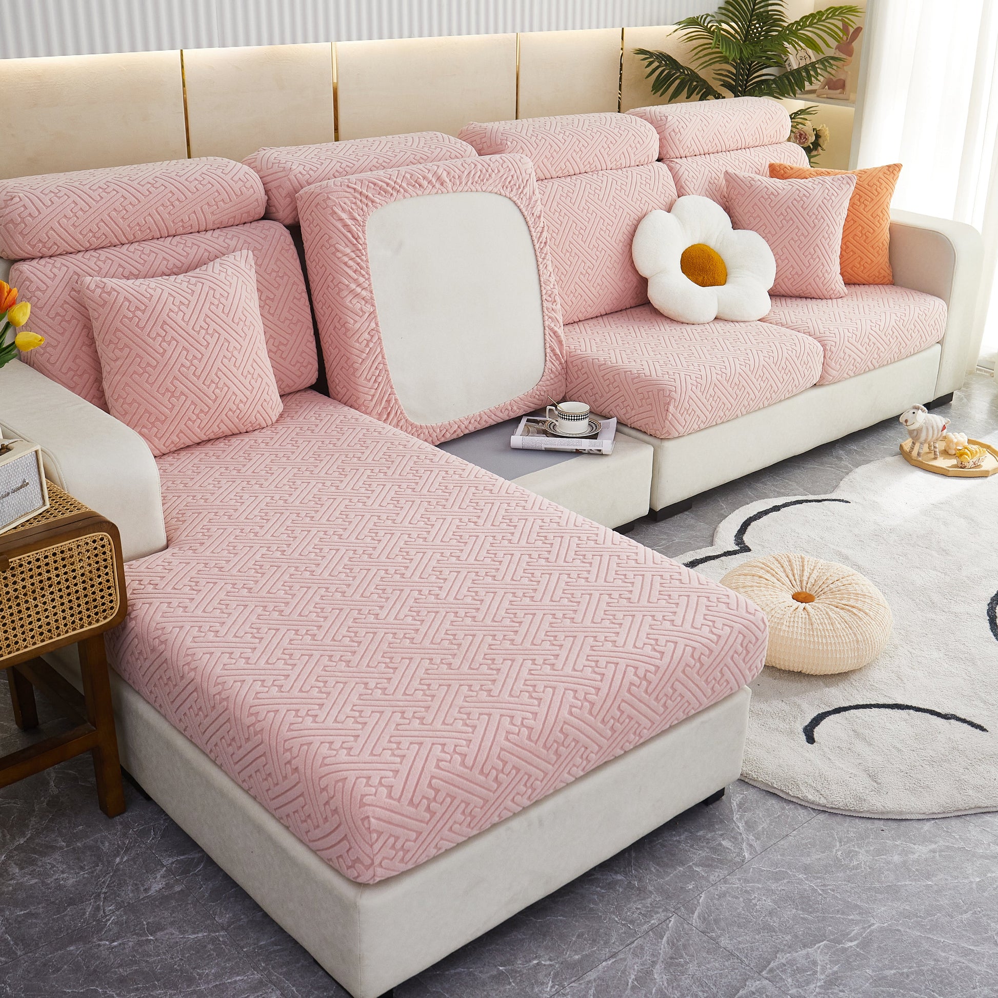 Stylish Polar Fleece Couch Cushion Covers on living room sofa for protection from pets and kids, offering a snug fit and cozy comfort.