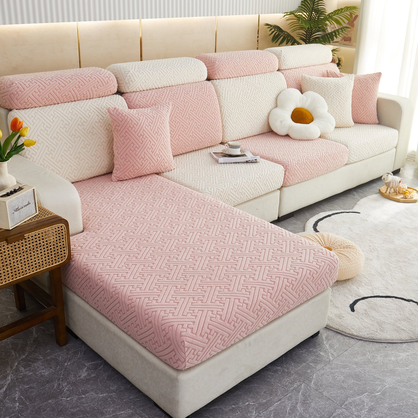 Polar Fleece Couch Cushion Covers, Stretch Sofa Seat Cushion Covers, Elastic Furniture Protector for Pets, Kid in pink fabric