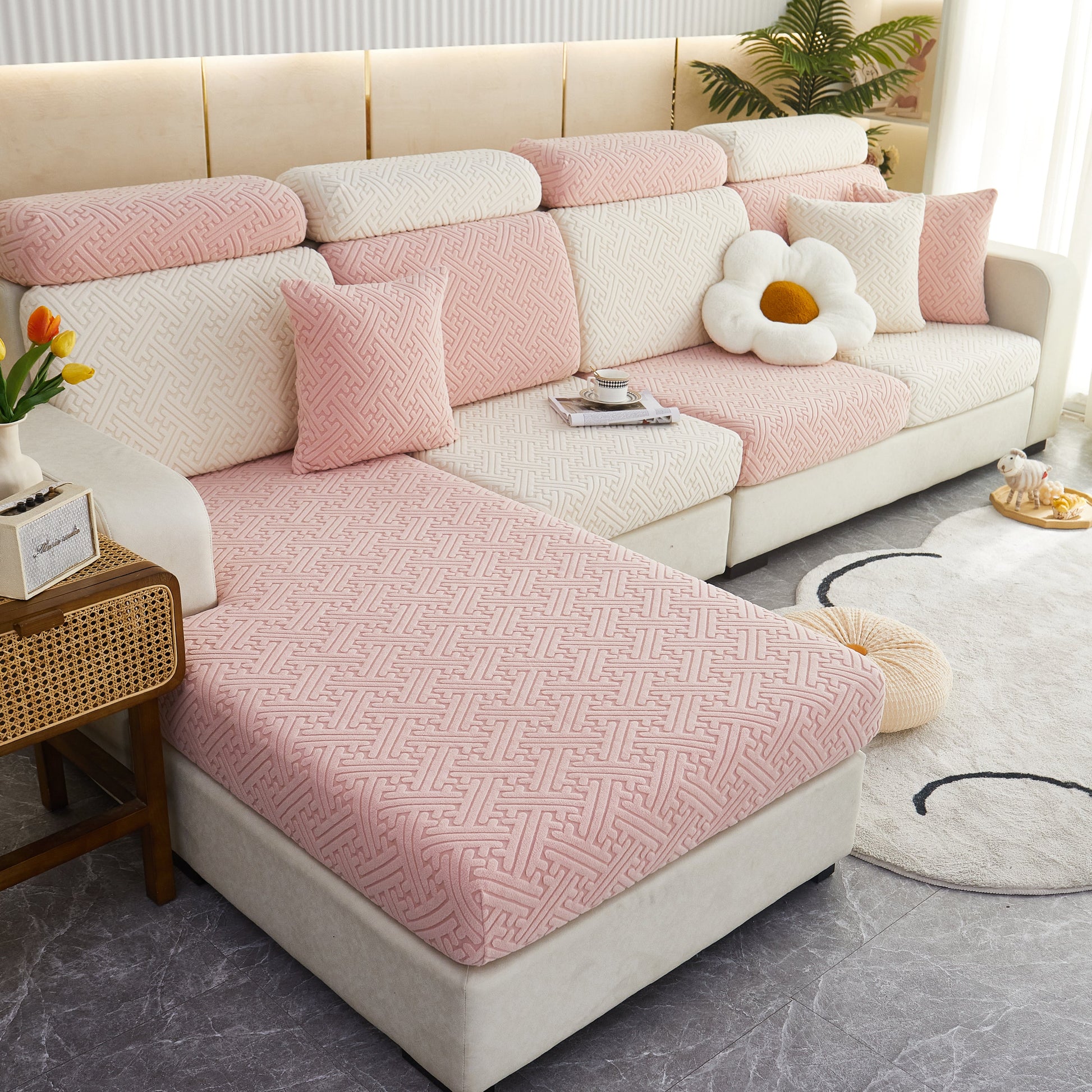 Polar Fleece Couch Cushion Covers, Stretch Sofa Seat Cushion Covers, Elastic Furniture Protector for Pets, Kid in pink fabric