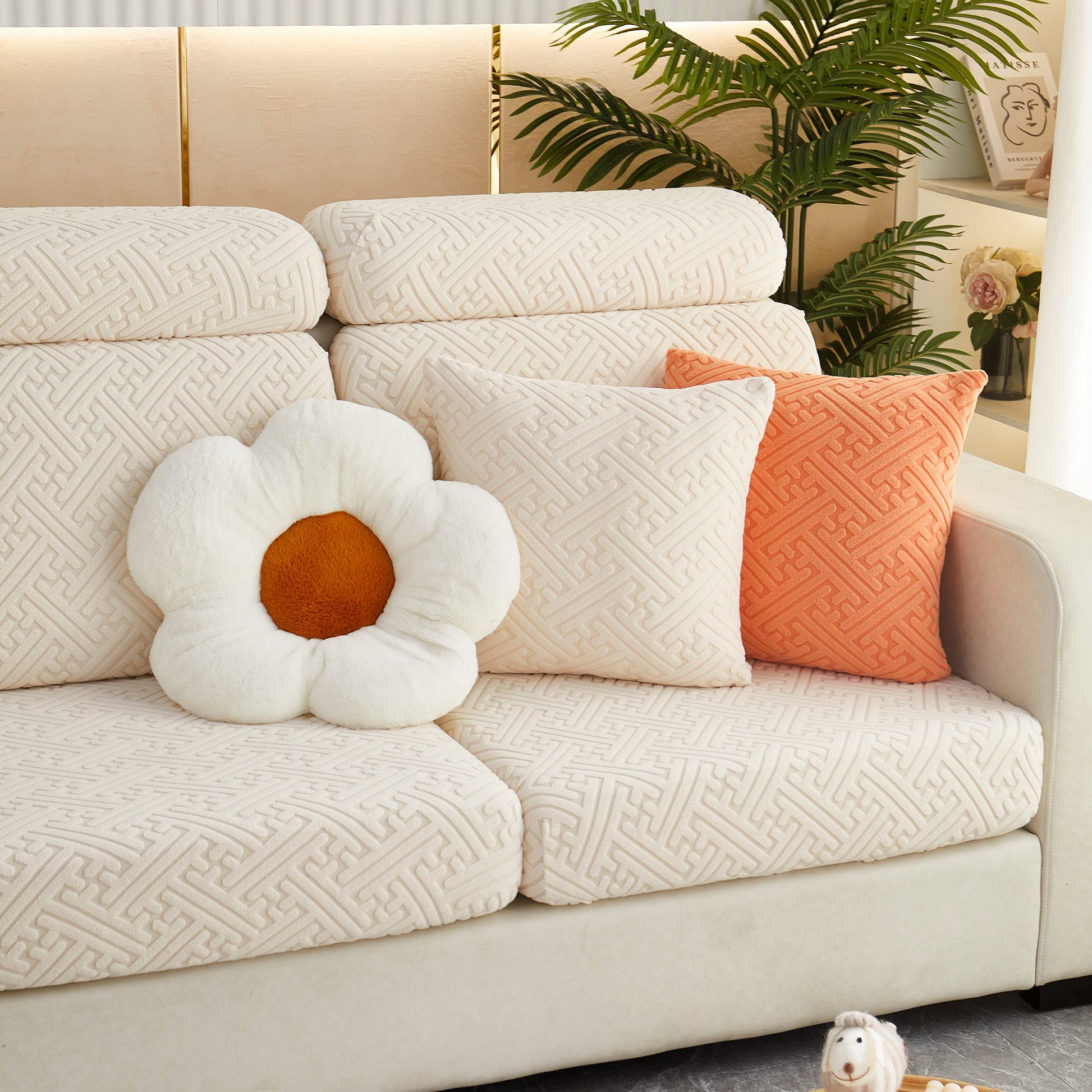 Polar Fleece Couch Cushion Covers, Stretch Sofa Seat Cushion Covers, Elastic Furniture Protector for Pets, Kid on stylish sofa