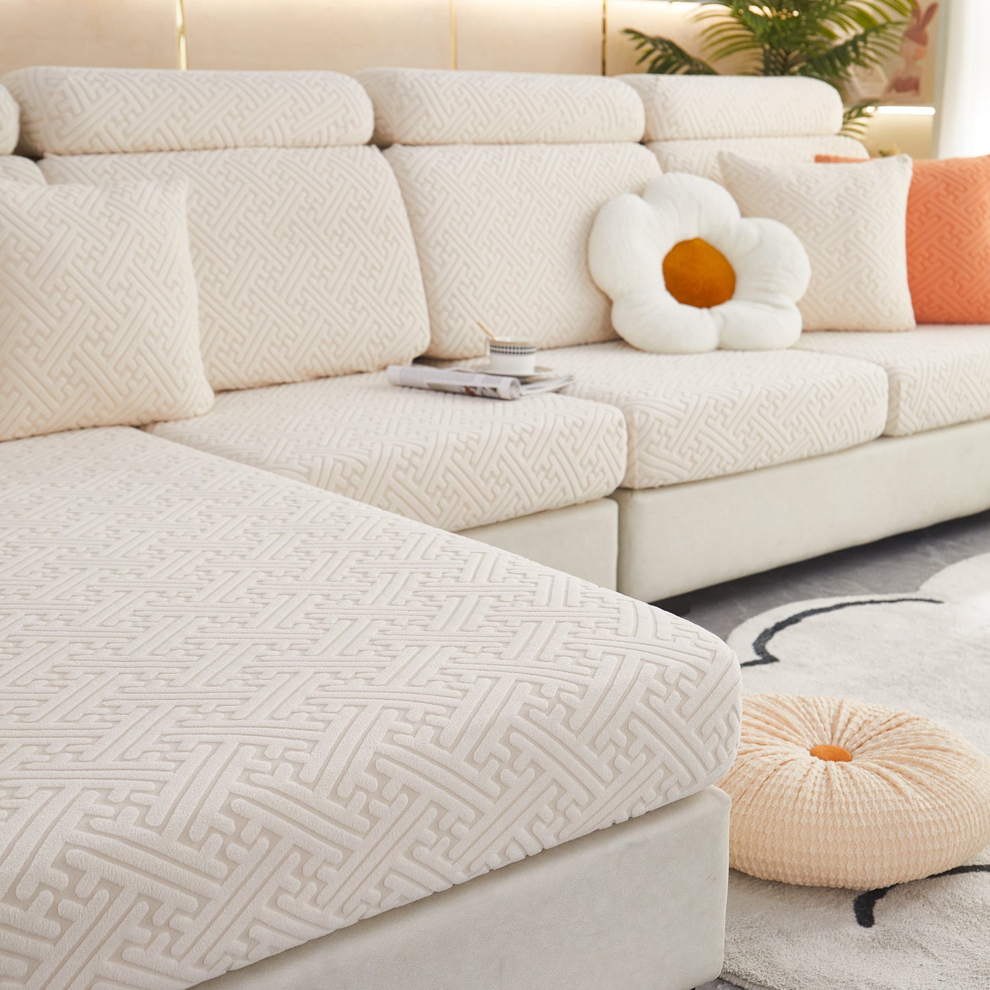 Polar Fleece Couch Cushion Covers, Stretch Sofa Seat Cushion Covers, Elastic Furniture Protector for Pets, Kid on a stylish sofa