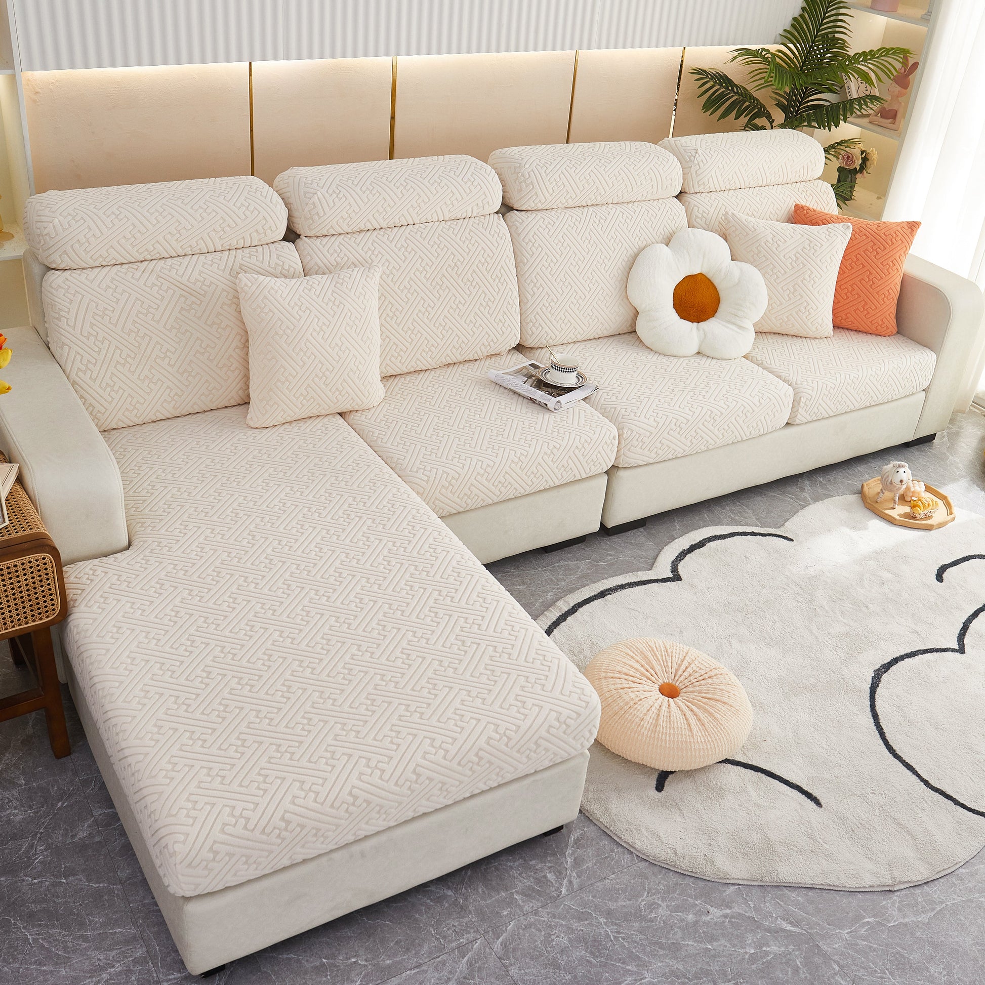Polar Fleece Couch Cushion Covers, Stretch Sofa Seat Cushion Covers, Elastic Furniture Protector for Pets, Kid on modern sofa