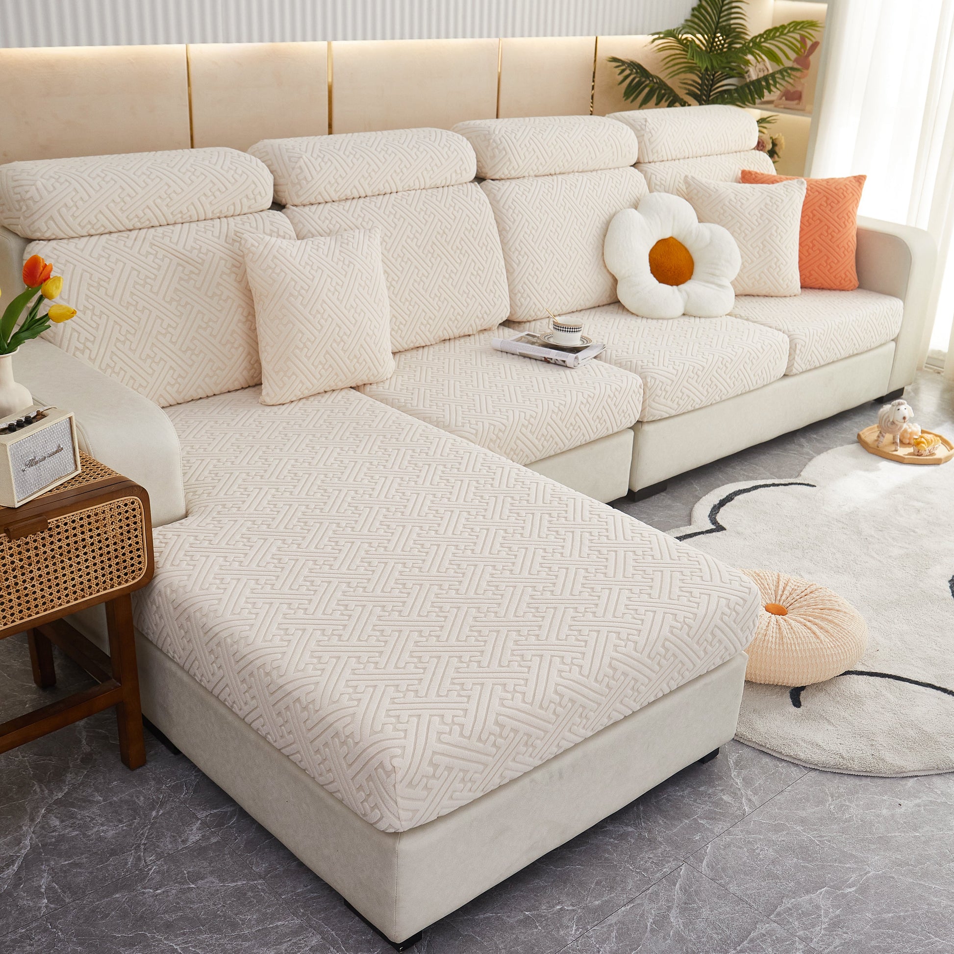 Living room with beige Polar Fleece Couch Cushion Covers, Stretch Sofa Seat Cushion Covers, Elastic Furniture Protector for Pets, Kid